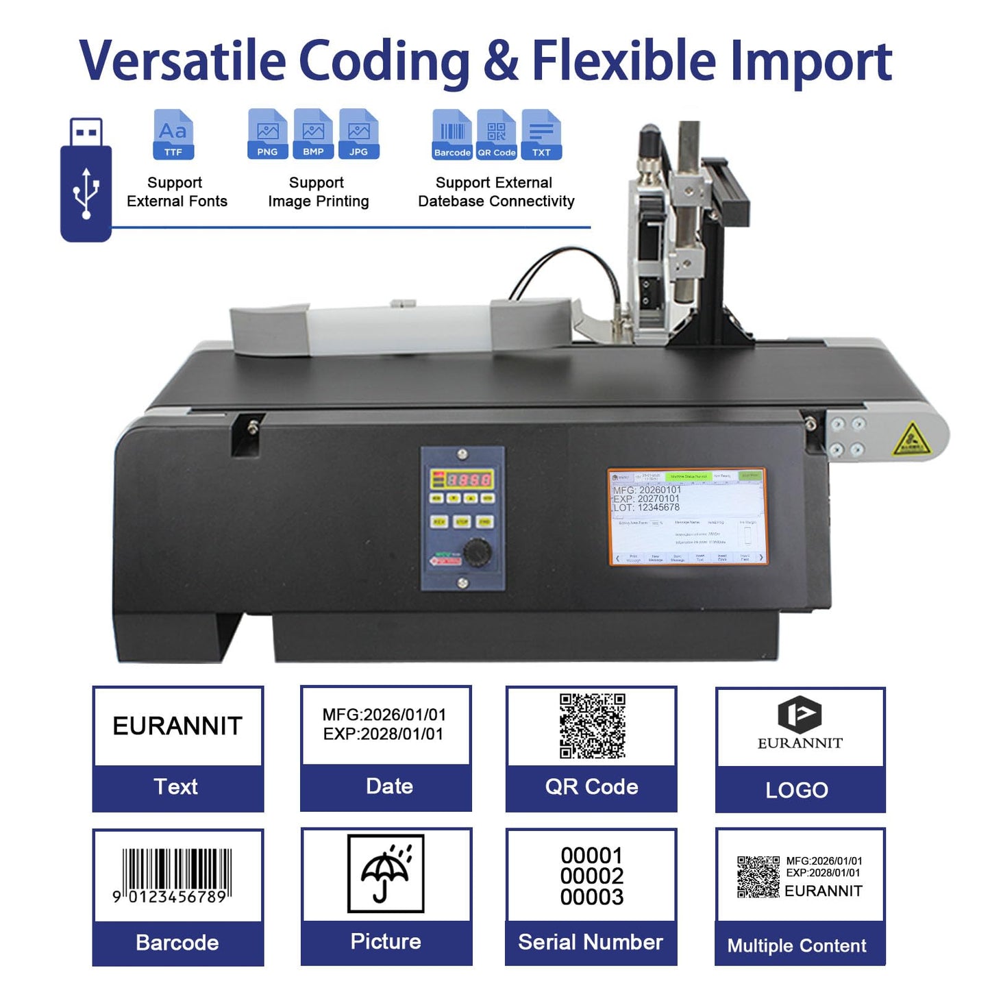 Eurannit XC20E Industrial Inkjet Printer System with Conveyor Belt and Ink Cartridge (0.5 inch Black), TIJ Inkjet Coding Machine 12.7mm Print Height for Small Packaging & Micro Production Lines