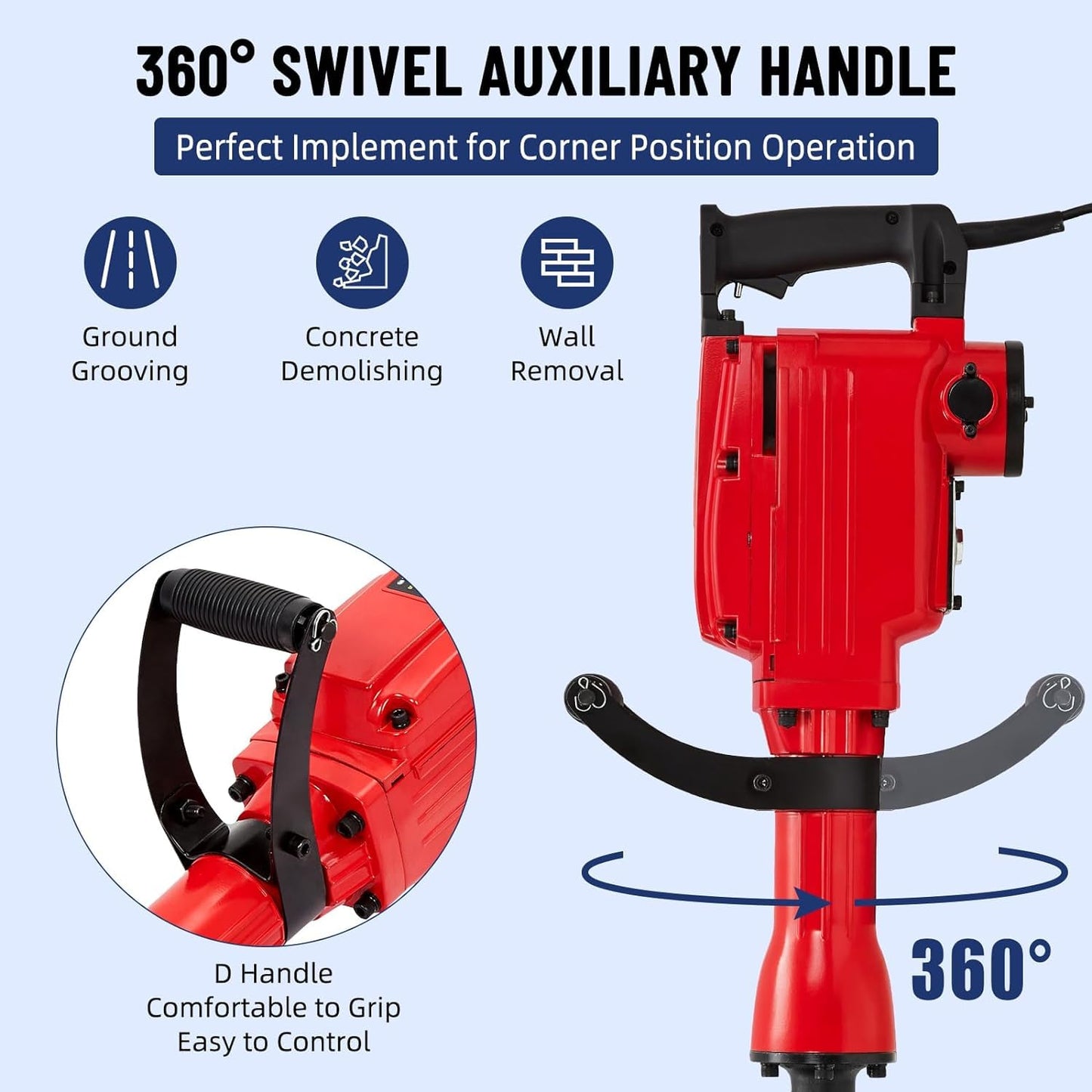 2200W Heavy Duty Electric Jack Hammer,Demolition Power Tool Kit With 3 Chisel Bits,Carrying Case & Safety Gloves for Concrete,Brick and Masonry, 6-Piece Set