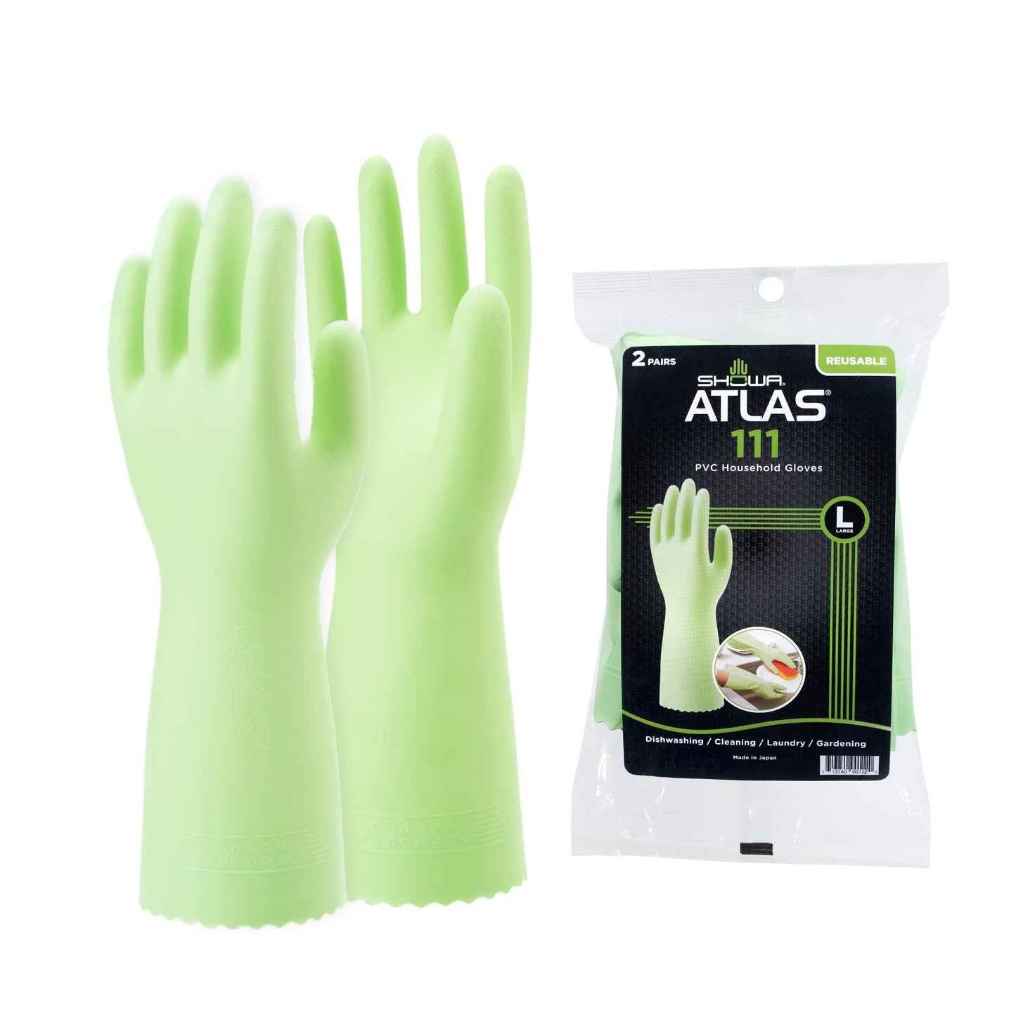 SHOWA 111 Skin-Friendly Dishwashing Gloves, Latex-Free PVC, Reusable Housekeeping Gloves with Cotton Liner, Non-Slip Grip for Kitchen & Gardening, Made in Japan, Medium, 2-Pairs