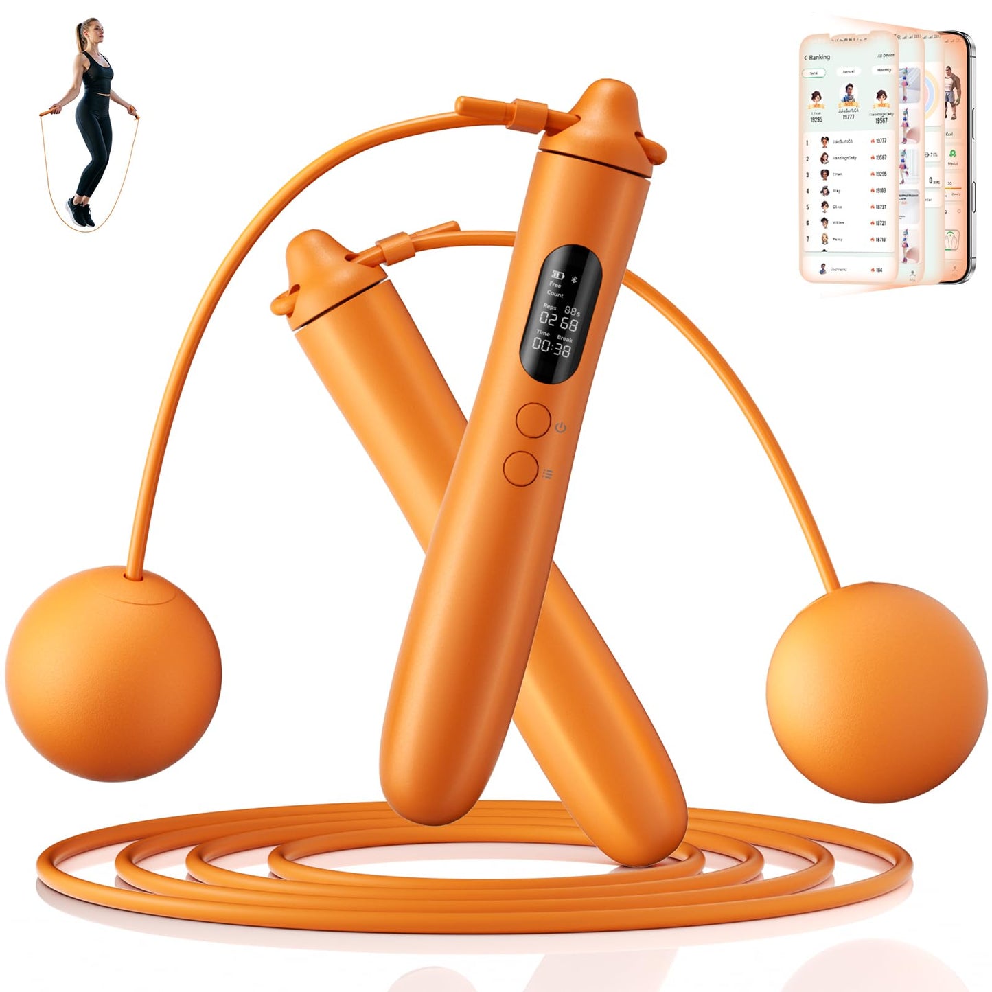 LVPIMAN Smart Jump Rope, Wireless Jumping Rope, Supports Game App Interaction, Suitable for Home and Gym exercise, Fitness Skipping Rope, Suitable for Women, Men, Adults and Children Orange