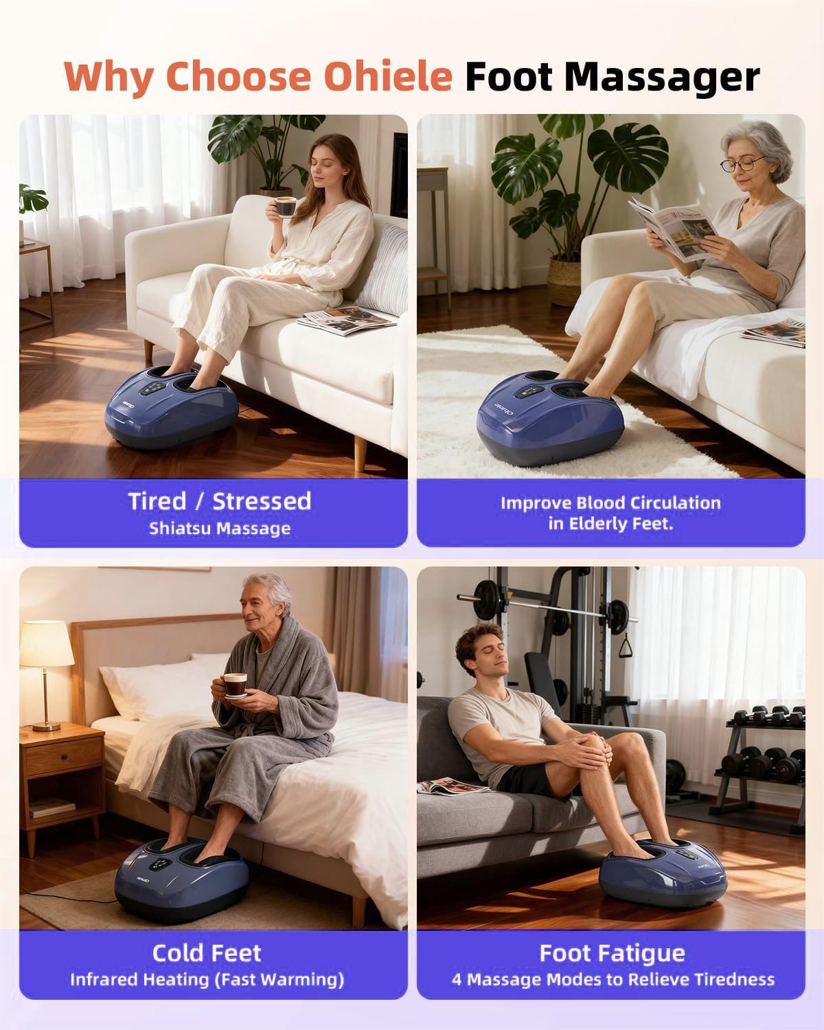 Ohiele Foot Massager with Heat,Shiatsu Deep Kneading Massager for Plantar Fasciitis, Foot Massage Machine with Multi Massage Modes & Remote Control for Pain Relief (Purple)