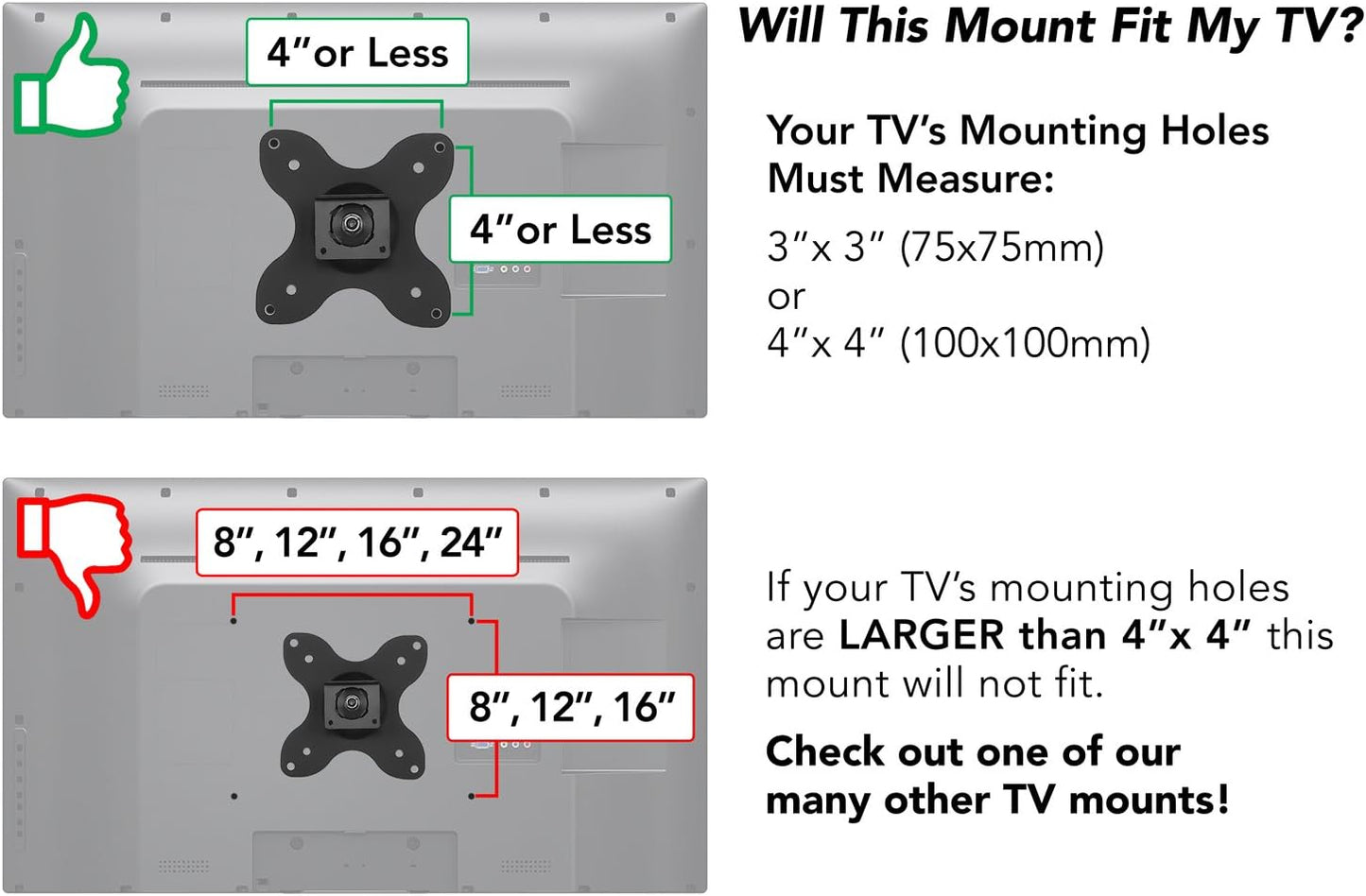 Mount-It! 19, 20, 24, 27, 32, 34, 37 40 Inch 14 75, 100 TV Wall Mount, Universal Fit for and TVs and Computer Monitors