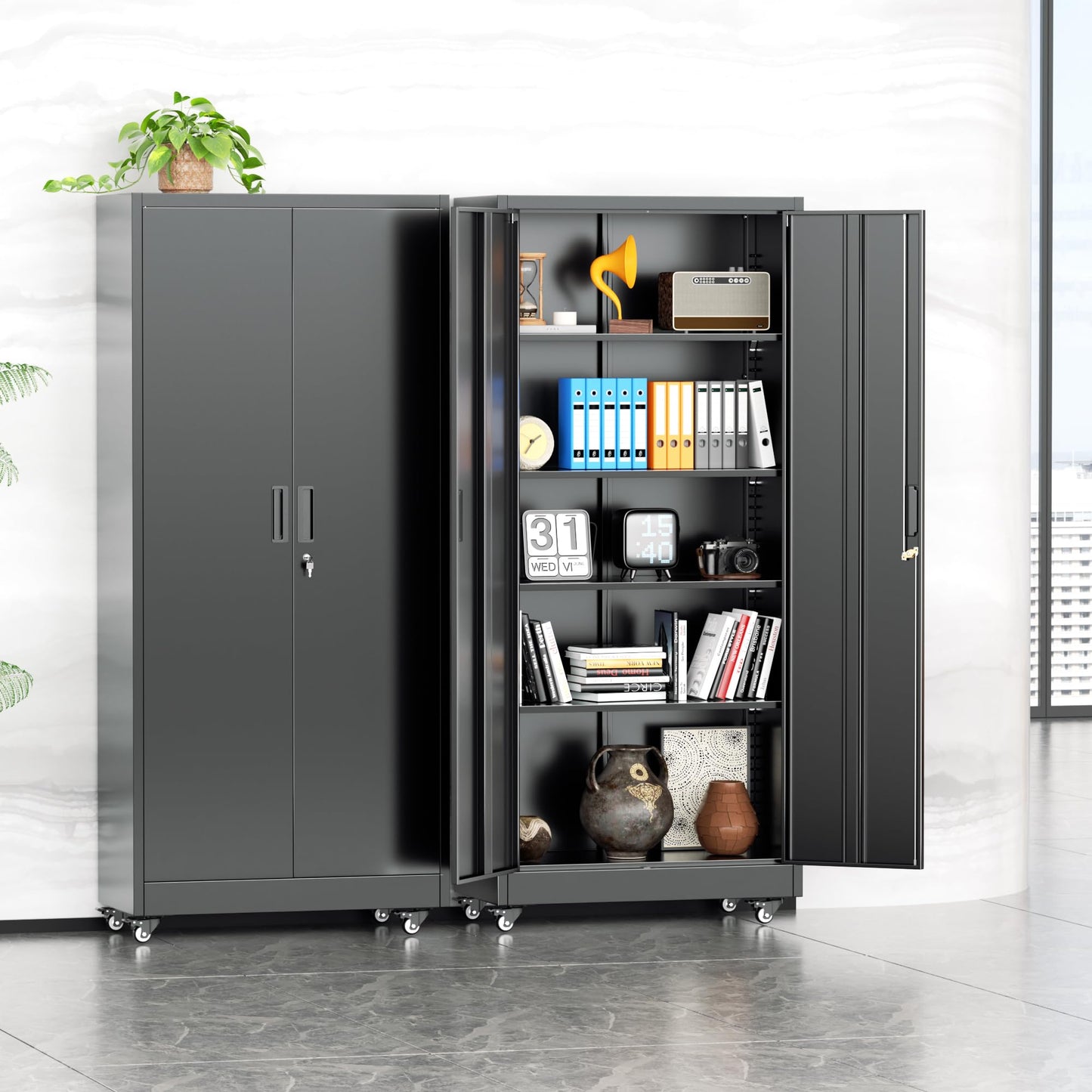INTERGREAT Metal Garage Storage Cabinet with Wheels, Rolling Storage Cabinet with Locking Doors and 4 Adjustable Shelves,- 73" Steel Tool Cabinet for Home Office,Garage,Warehouse，Black