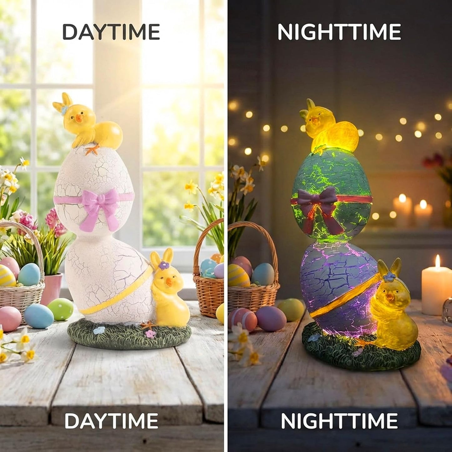 Skiennix Lighted Easter Eggs Figurines - Cute 6.5" H Purple & Green Resin Statues for Spring Decor