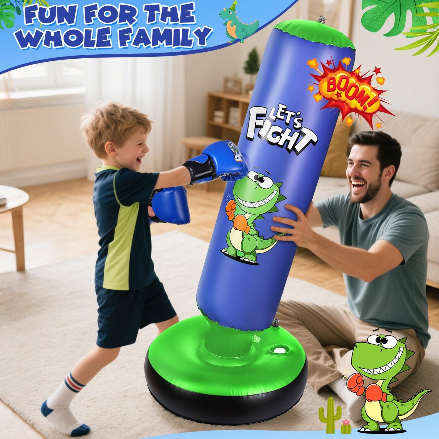 Inflatable Punching Bag, 48" Inflatable Boxing Bag for Kids with Boxing Gloves for 3-8 Kids, Stable Boxing Set for Practicing Karate, Taekwondo,Dinosaur Toy & Gifts for Boys (Blue)