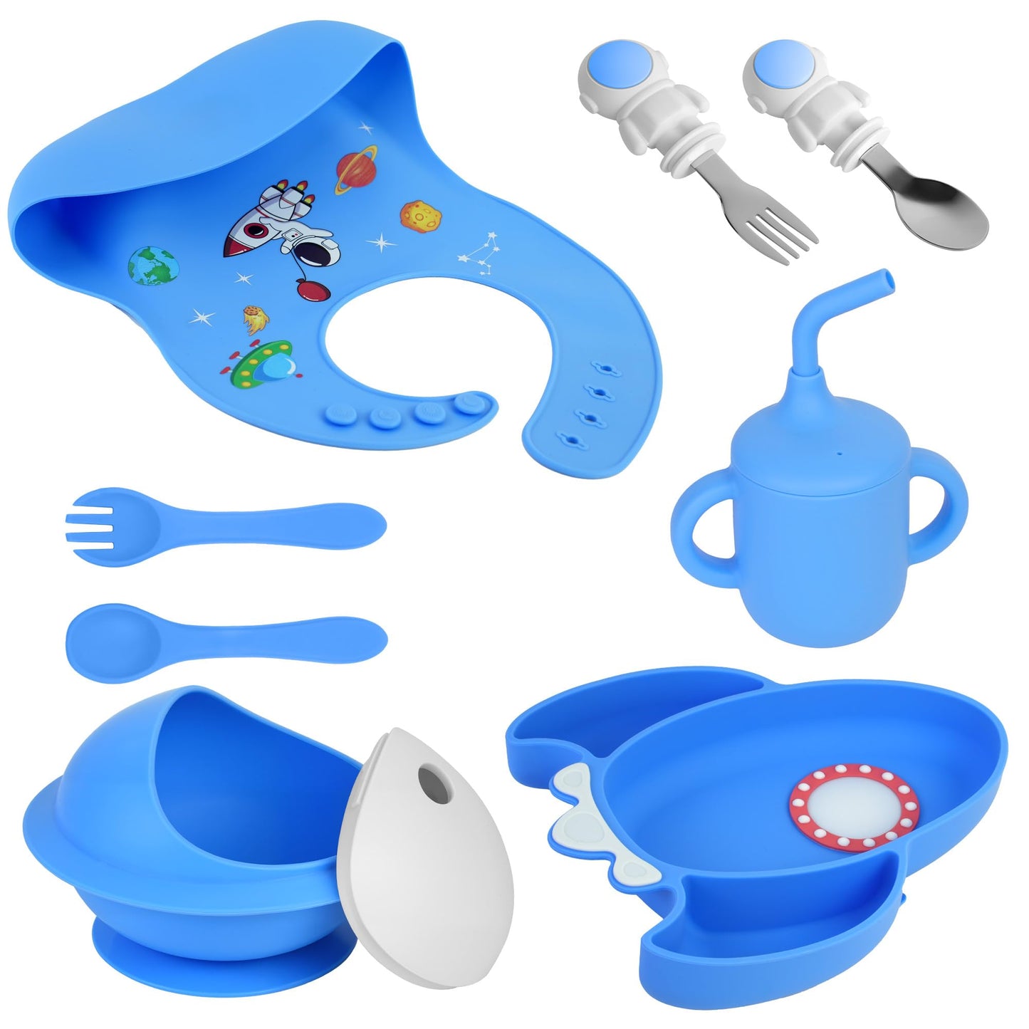 8 PCS Silicone Baby Feeding Set, Astronaut Theme, Spoons, Fork, Silicone Bibs, Baby Sippy Cups, Plate Bowl Set Baby Eating Essentials Led Weaning Toddler (Blue)