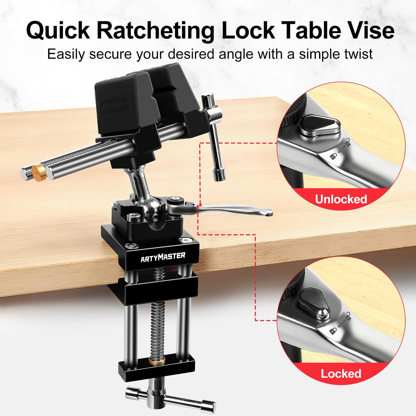 ArtyMaster 360° Rotating Bench Vise with Quick-Release Ratchet Wrench - Versatile Woodworking & Pipe Vise for Home Improvement - 4 Inch Workbench Vise for Carving, Repair & DIY Projects (WT117A)