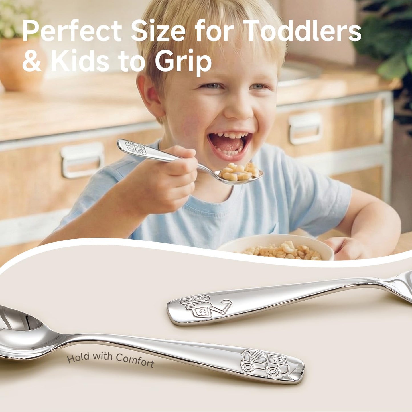 KINGSTONE Toddler Utensils Set with Case, 18/10 Stainless Steel Kids Silverware - Small Fork & Spoon, Construction Vehicle, Digger & Dump Truck Food-Grade Toddler Dishes, Dishwasher Safe