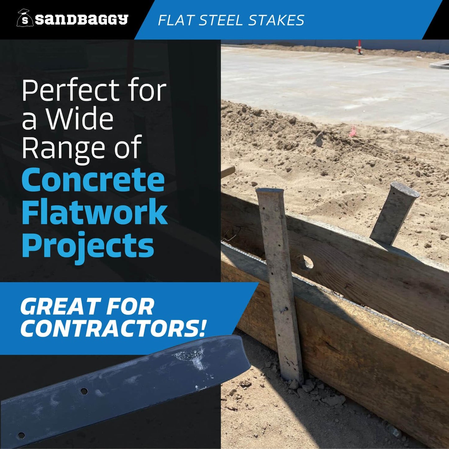 Sandbaggy 12" Flat Steel Stakes for Concrete Forms with Nail Holes - 1.5" Wide - Painted - Removable, Reusable, V Point End - Construction Grade Stakes (50, 12 inch)