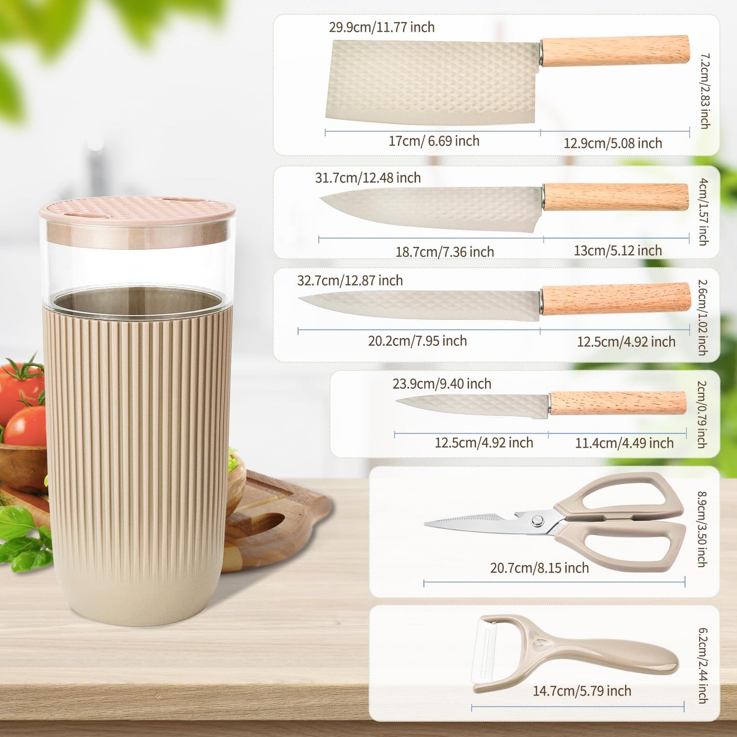 TOPLUCKY Knife Set, 7-Piece Kitchen Knife Set with Sharp Chef and Meat Knives, Anti-Rust Utility Knives Set for Kitchen, Kitchen Knife Block Set – Khaki