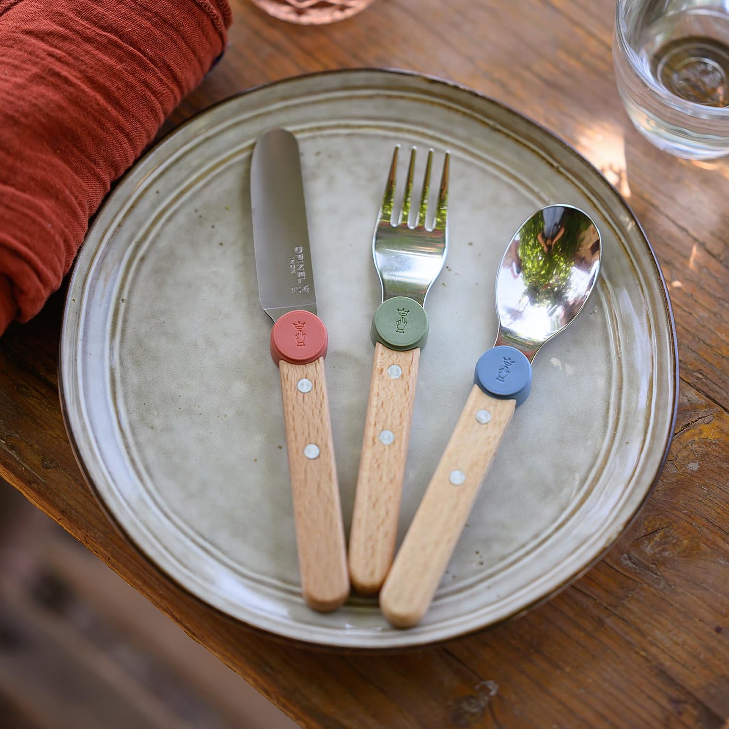 Opinel Le Petit Gourmet – 3 Piece Children’s Cutlery Set, Rounded Dull Knife, Spoon, Fork, Supports Independence at Every Meal, Montessori Tools Made in France (Rain Blue)