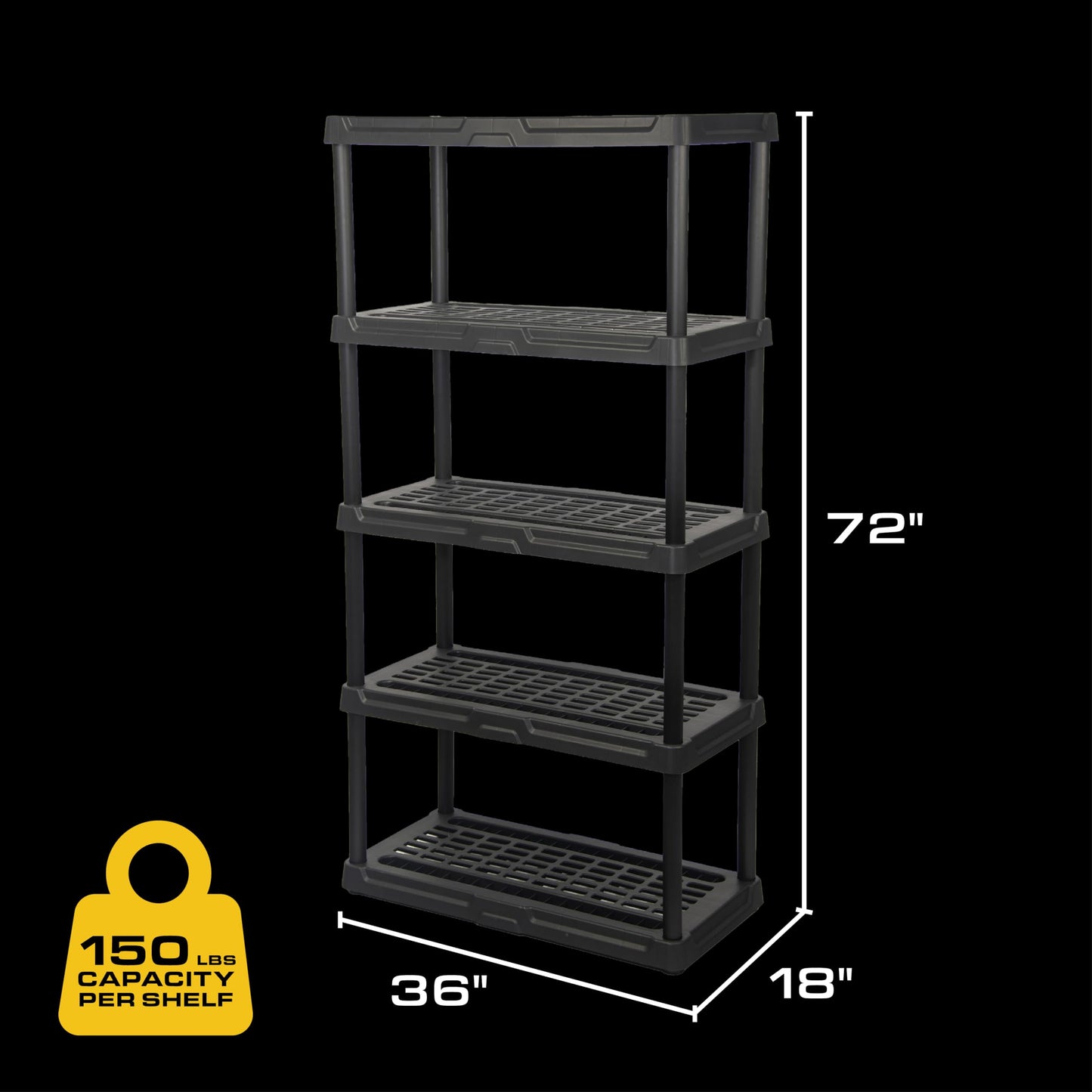 CENTREX CX 5-Tier Heavy Duty Plastic Storage Shelves that Support up to 150lbs/shelf, Organization and Storage, Weather-Resistant Design, Easy Assembly, 2 Pack, Black (72”H x 36”W x 18”D)
