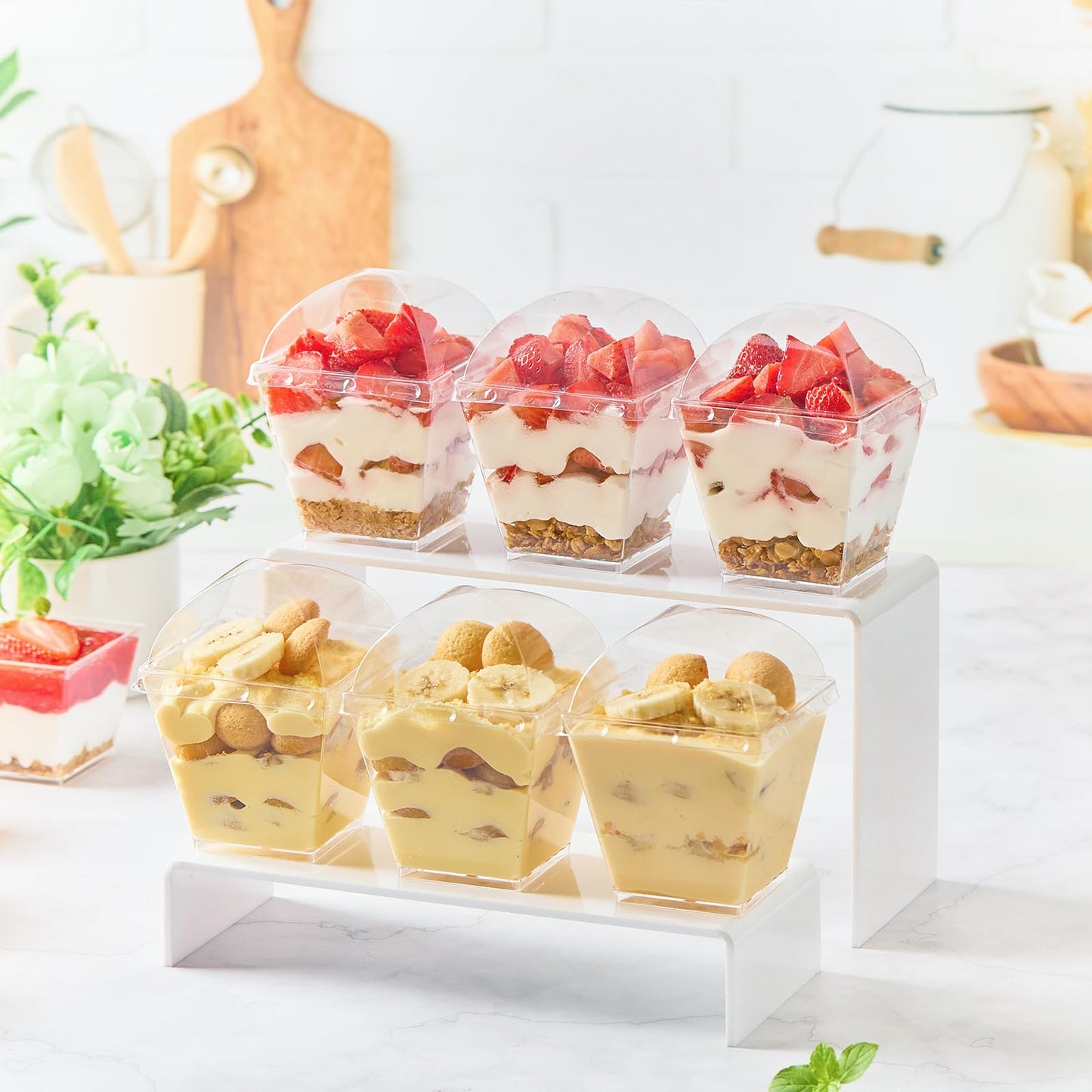 Zezzxu 50 Pack 7 oz Square Dessert Cups with Dome Lids and Spoons, Plastic Pudding Cups with Lids Mini Parfait Shooter Cups for Party Individual Banana Pudding Jello Yogurt Fruit Trifle