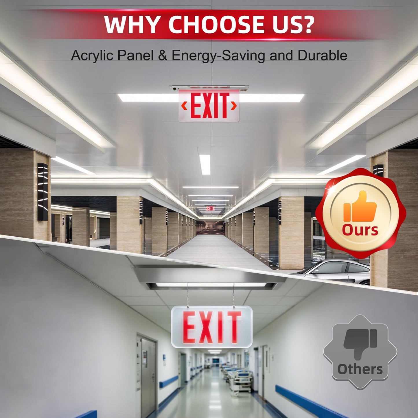 LED Exit Sign LED Edge-Lit Exit Sign Emergency Light, 120-347V, Recessed Mount Emergency Light, Aluminum Housing, Single Face Acrylic Panel, Red Letters, with Battery Backup