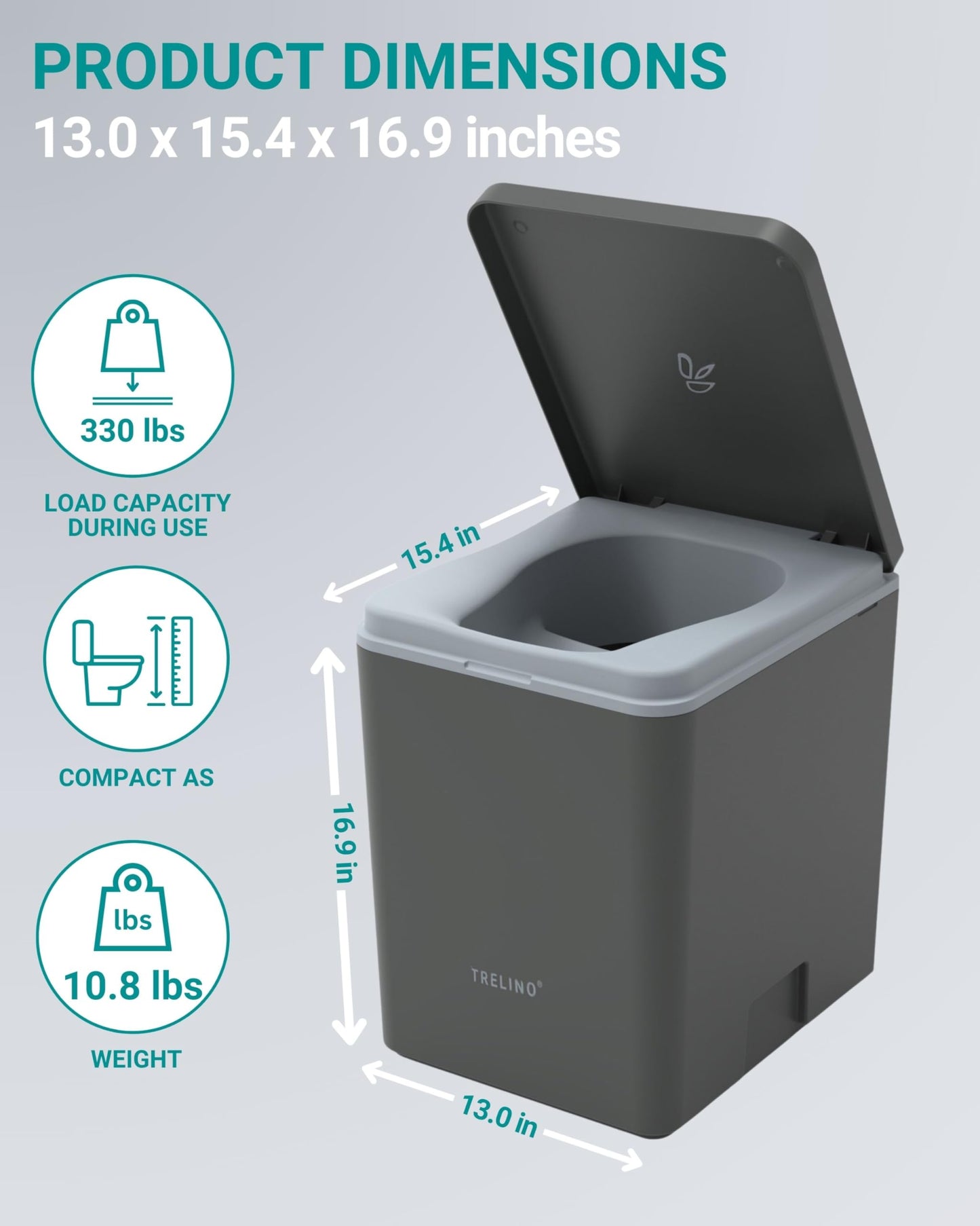 TRELINO Composting Toilet Evo L Gray, Portable Toilet for Camping & Outdoor, Odorless, 2X 2.6 gal Capacity, 13 x 15.4 x 16.9 inches