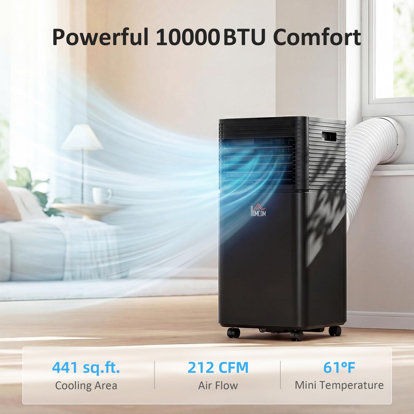 HOMCOM 10000 BTU Portable Air Conditioner for Rooms up to 441 Sq.Ft., 4-in-1 Mobile AC Unit with Dehumidifier, Cooling Fan, Sleep, Remote, 24H Timer, Auto Off, Window Installation Kit, Black