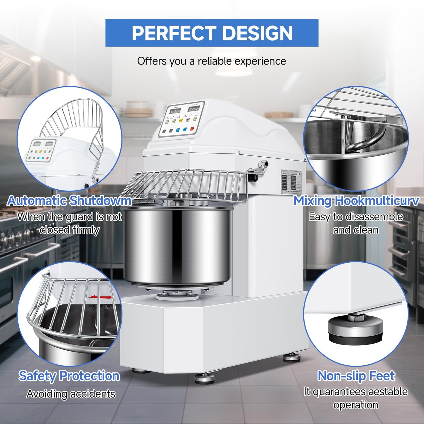 EKway 27lbs/20Qt Commercial Dough Mixer with Timer, 1100W Heavy Duty Kneading Machine with 304 Stainless Steel Bowl, Touch Screen,2 Speeds Dual Rotation for Restaurant, Bakery, Pizzeria (White)