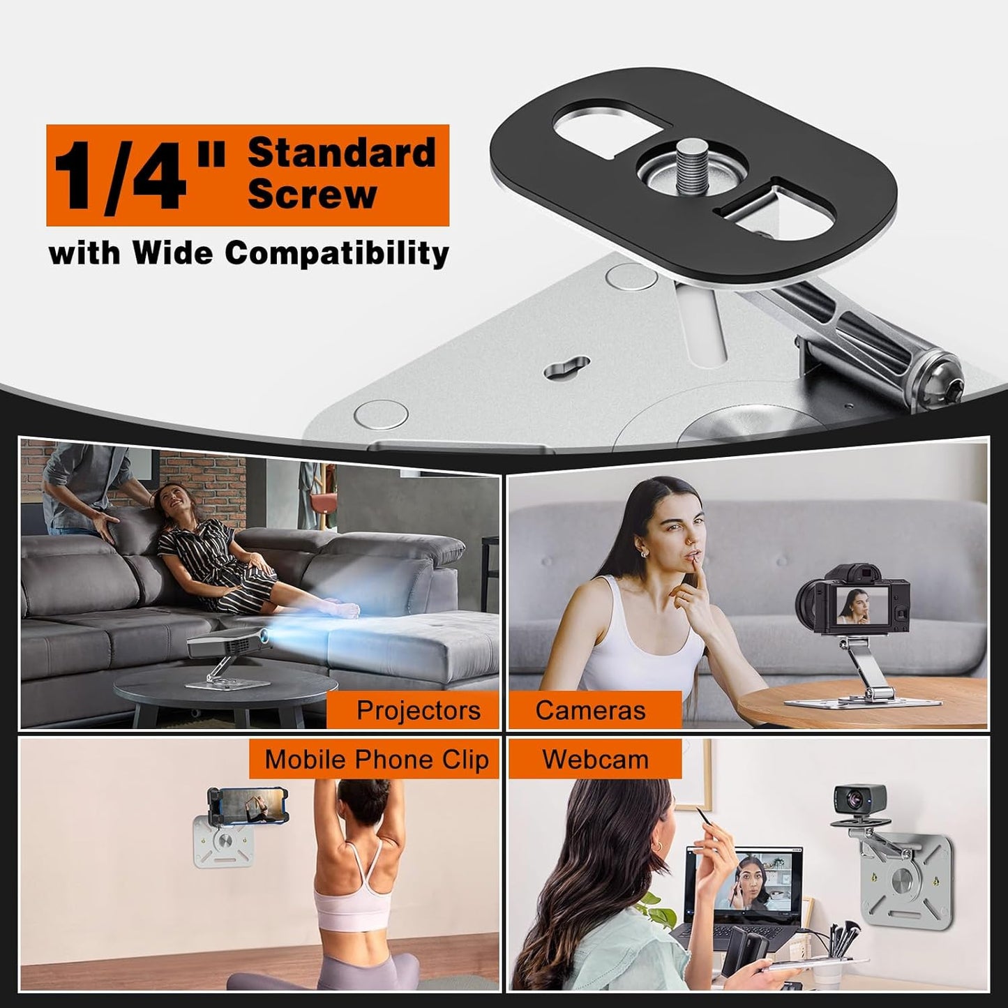 BAISHUN 3-in-1 1/4-Inch Setup, 360-degree Projector Stand Desk, Wall and Ceiling Mount with Thread, Foldable, Easy