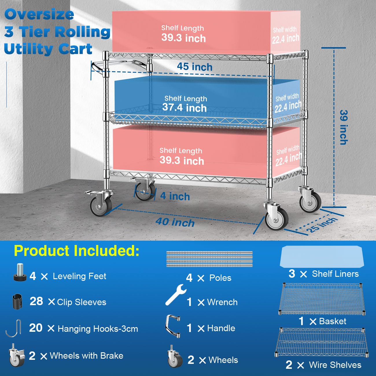 Leteuke Heavy Duty Rolling Utility Cart, 45 Inch Kitchen Carts with Wheels, NSF Commercial Grade with Handle & Shelf Liners, 1120LBS Storage Cart for Kitchen,Restaurant,Plant Display-Chrome
