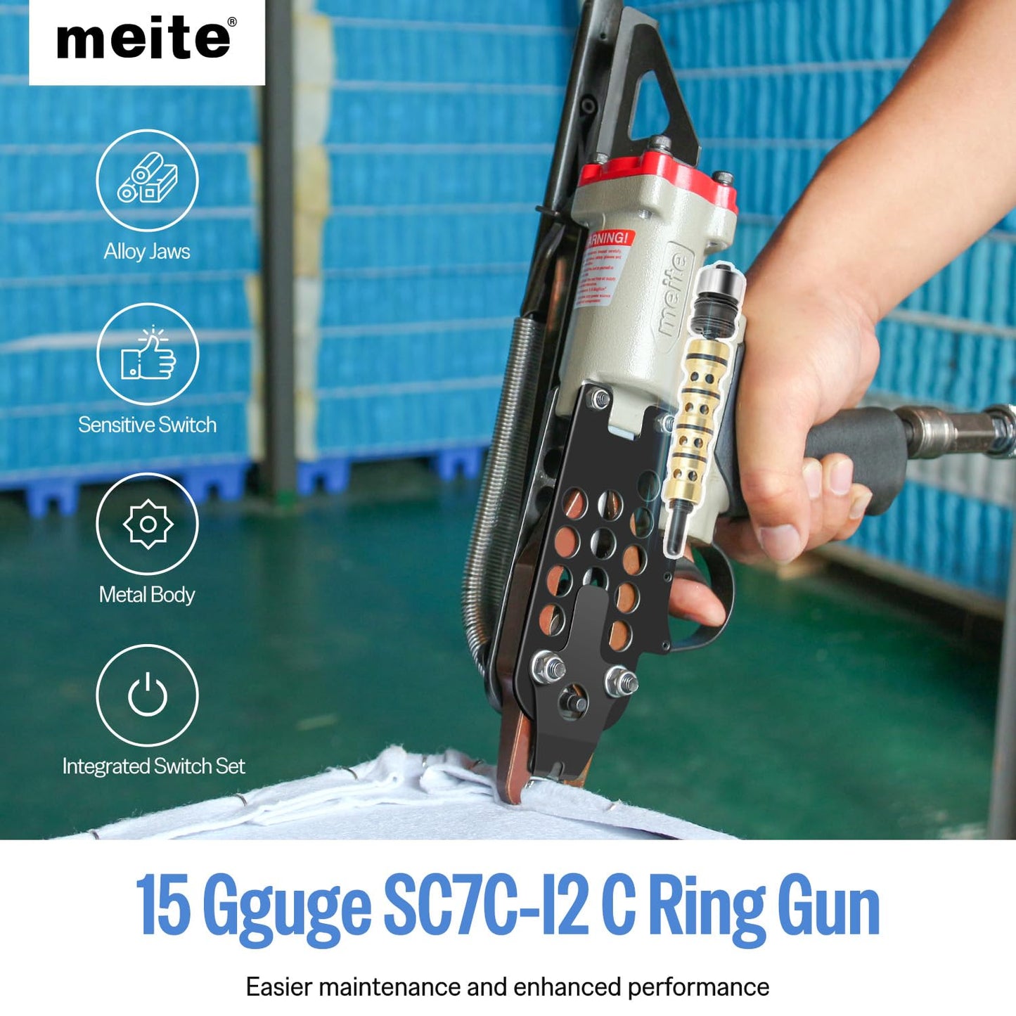 meite SC7C-I2 Pneumatic Hog Ring Gun, 15 Gauge 3/4" Crown Hog Ring Pliers, 5.5-6.0 mm Closure, Upgrade Trigger Air C Ring Stapler for Mattress, Seat Assembly, Wire Cages, and Fencing