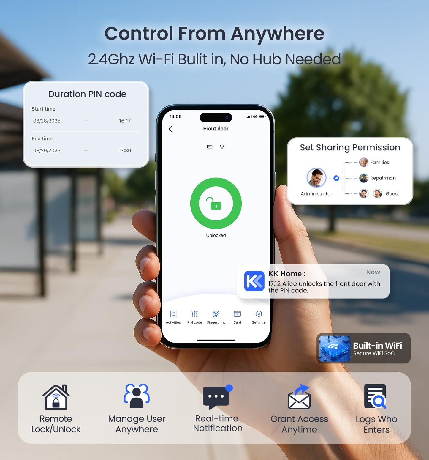 Veise VE029 WiFi Smart Lever Lock, Fingerprint Keyless Entry Door Lock with Handle, Built-in WiFi, Remote App Control, Electronic Digital Knob for Front Door and Bedroom, IP65 Waterproof, Satin Nickel