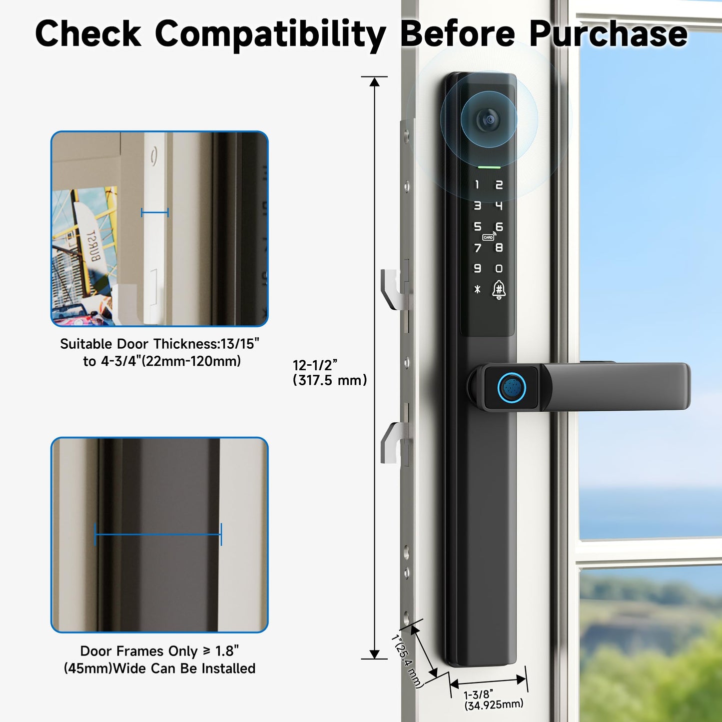 Sliding Glass Door Smart Lock with Handle Keyless Entry Sliding Door Lock with Image Doorbell Fingerprint Code RFID Card Keypad Key WiFi Remote Replacment Slim Thin Frame Patio Door 2885 Mortise Lock