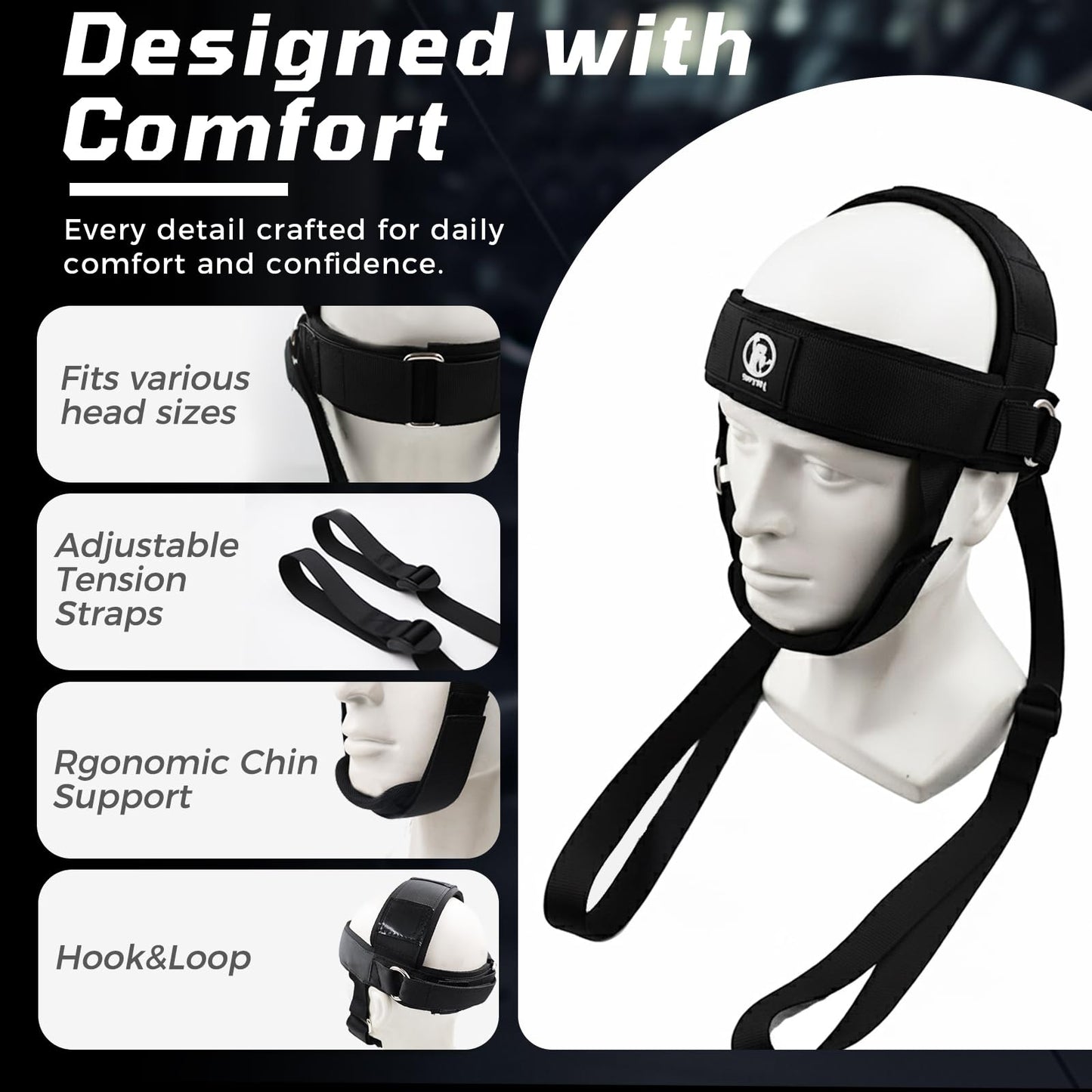 Neck Stretching Training Harness – Adjustable Chin Strap Headgear with Dual D-Rings for Neck Traction, Mobility, and Posture Support