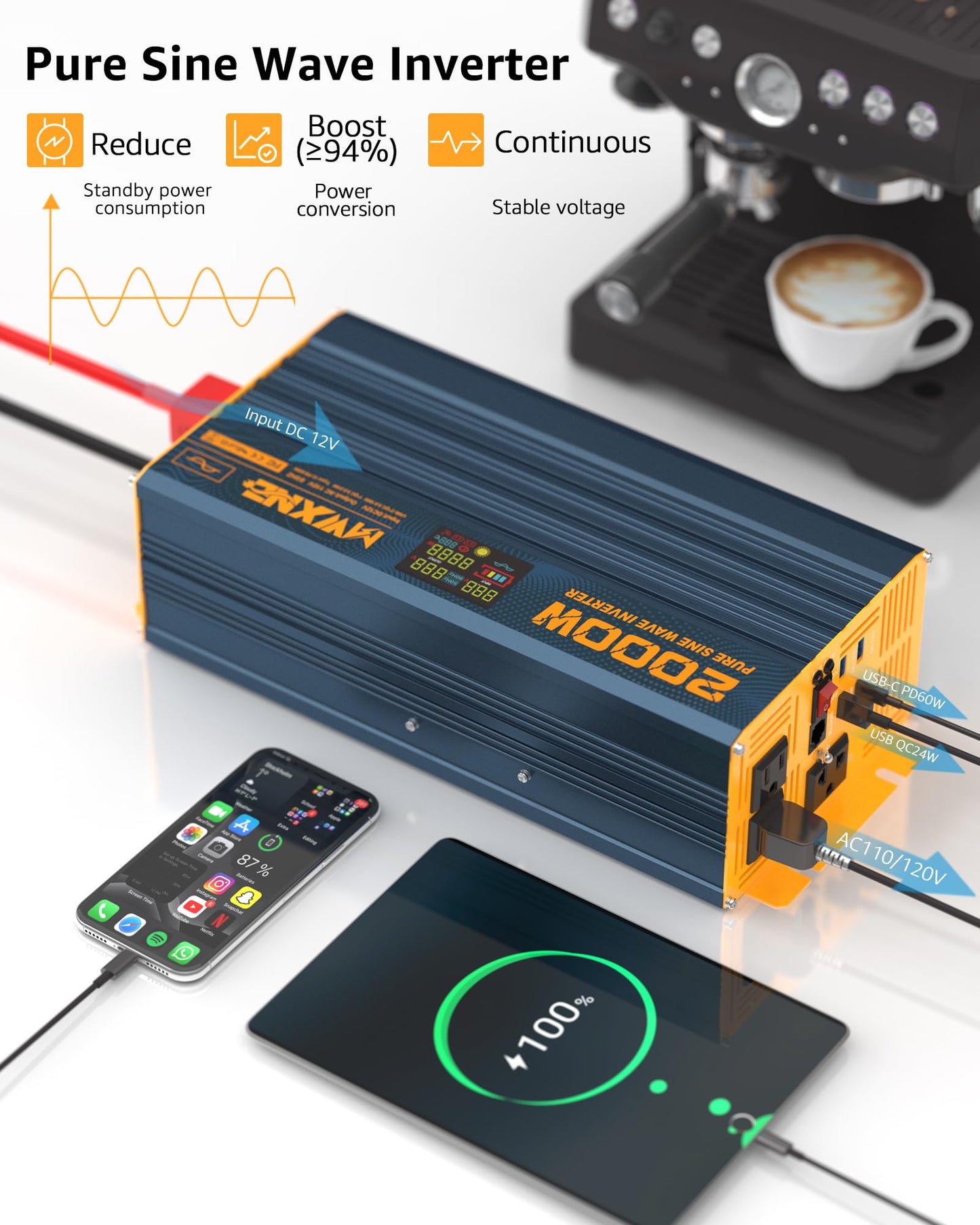 MWXNE 2000W Pure Sine Wave Power Inverter DC 12V to 110V 120V AC with 4 Quick Charging USB Ports& 3 AC Outlets Power Inverters for Vehicles RV Truck Home with LCD Display and Remote Controller