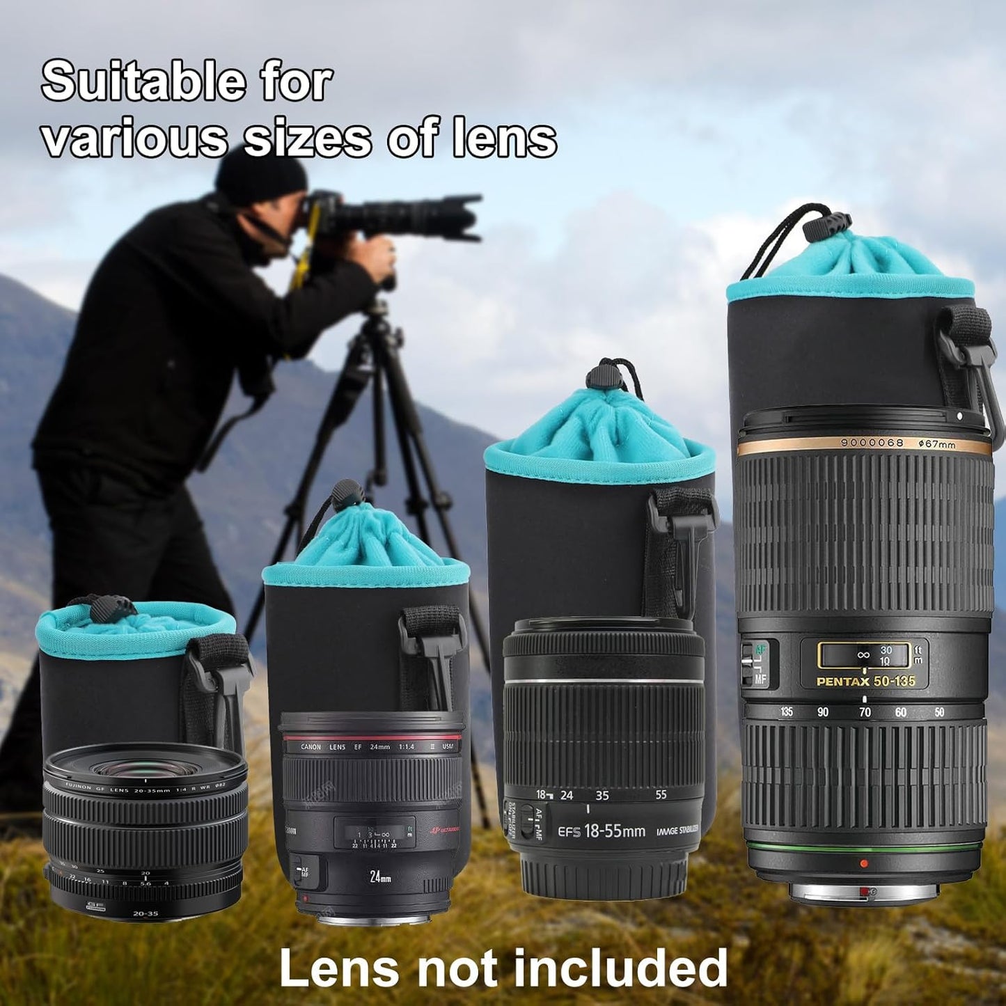 Sopoloray 4Pcs Bag,4 Set Camera Lens Case Sizes Blue Water Resistant Protective Lens Pouch With Adjustable Drawstring