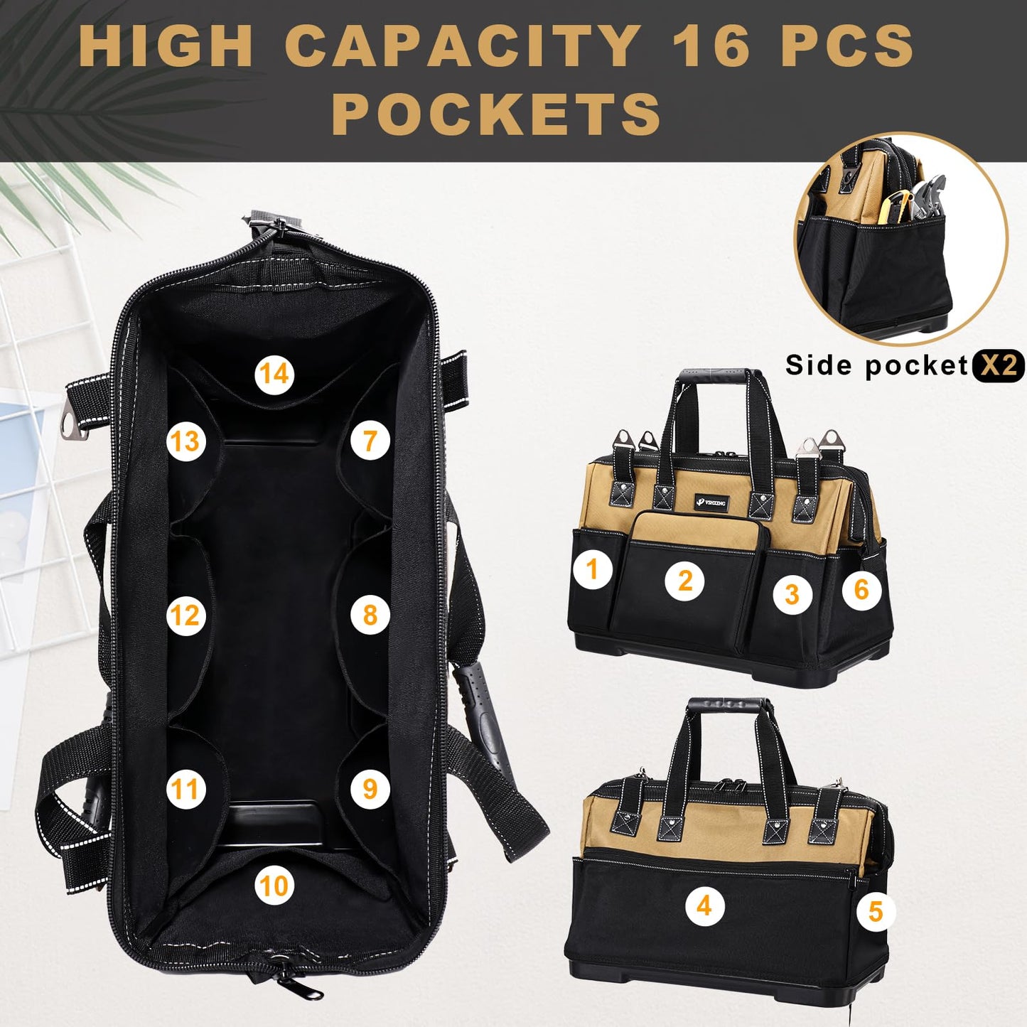 VSHXENG 17 IN Large Tool Bag For Men Heavy Duty, Drill Bag Tool Bag Organizer, Wide Mouth Waterproof Hard Bottom Multiple Pockets Tool Tote, Tool Caddy, Maintenance