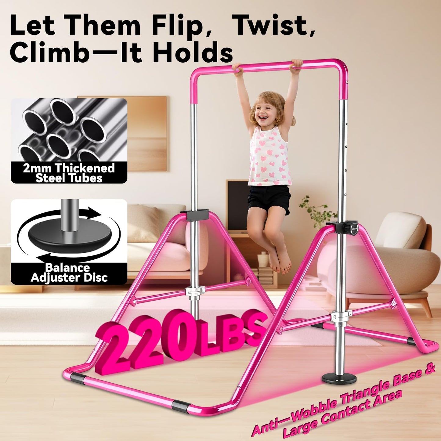 WATBKHE Kids Gymnastics Bar Gymnastic Equipment for Home Adjustable Height Gymnastic Training Bar Gymnastic Stuff for 3-7 Years Old Girls (Pink)