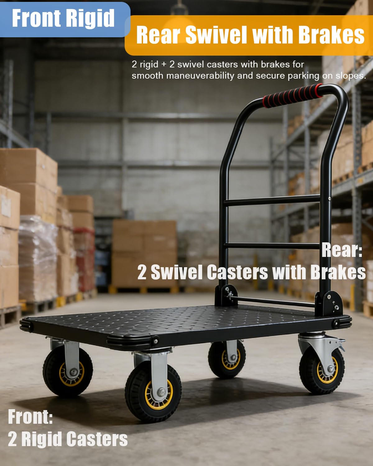 1800LBS Platform Truck Cart 36"x24" Large Utility Cart with 6" Swivel Wheels with Brakes, Foldable Hand Truck for Warehouse, Garage, Shipping & Moving