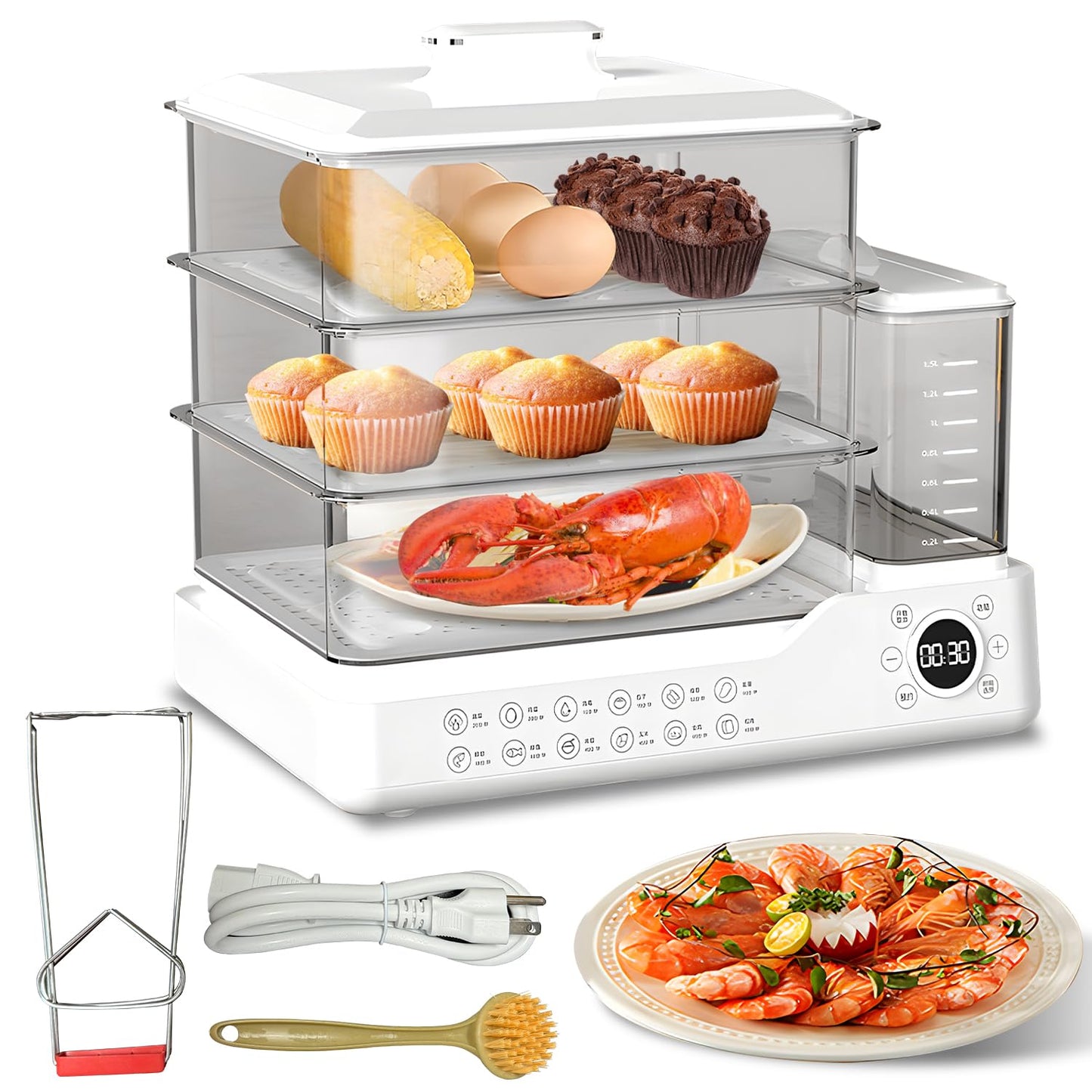 24L/25QT Electric Steamer, 3 Tier Food Steamer, Commercial Stainless Steel Steamer with Detachable Water Tank, Large Capacity Breakfast Machine with Timer, for Home, Restaurant, Party