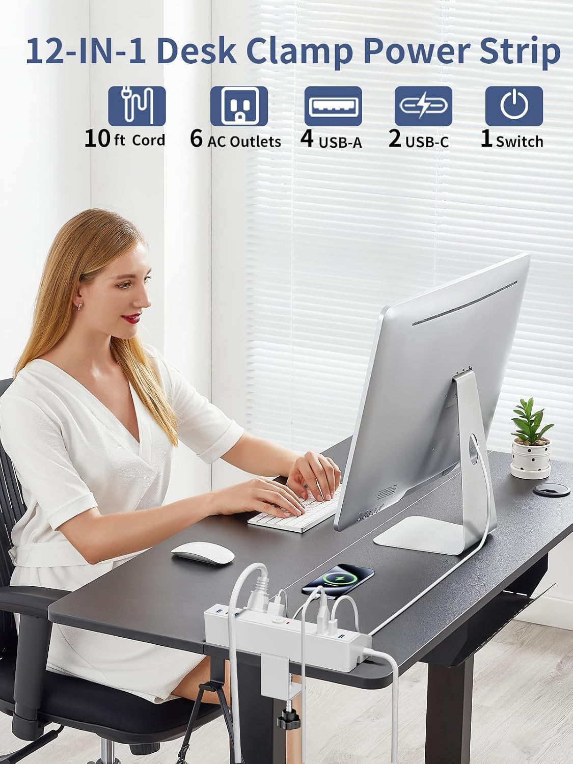 Fararaka 40W 6 6USB (2USB 1.8" 10Ft Desk Clamp Power Strip, Fast Charging Station, Desktop Mount Surge Protect