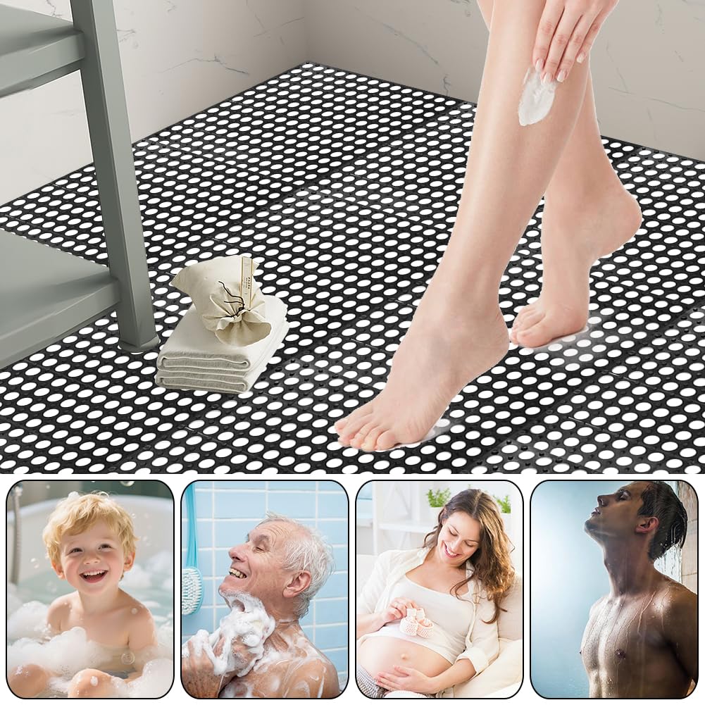 30 Pack Drainage Interlocking Tiles, 12”x12” Modular Interlocking Floor Tiles with 1 Pc Plastic Hammer Non Slip Rubber Floor mat with Holes for Pool Bathroom Deck Kitchen Patio
