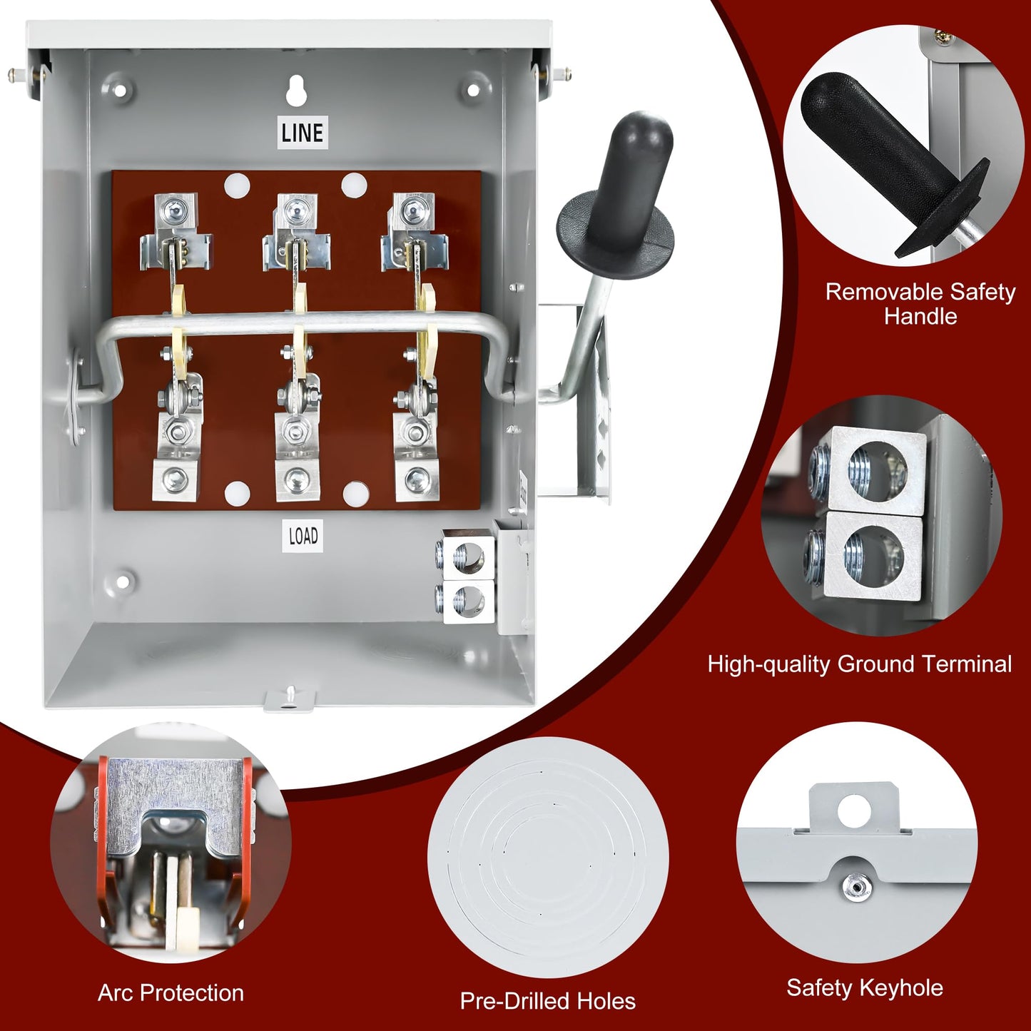 100-Amp, 3 Pole 120V/240V General Safety Switch, Non-Fused AC Disconnect Switch Box, Outdoor&Indoor, NEMA-3R Enclosure, Anti Corrosion and Rust Prevention with Ground Kit (100A)