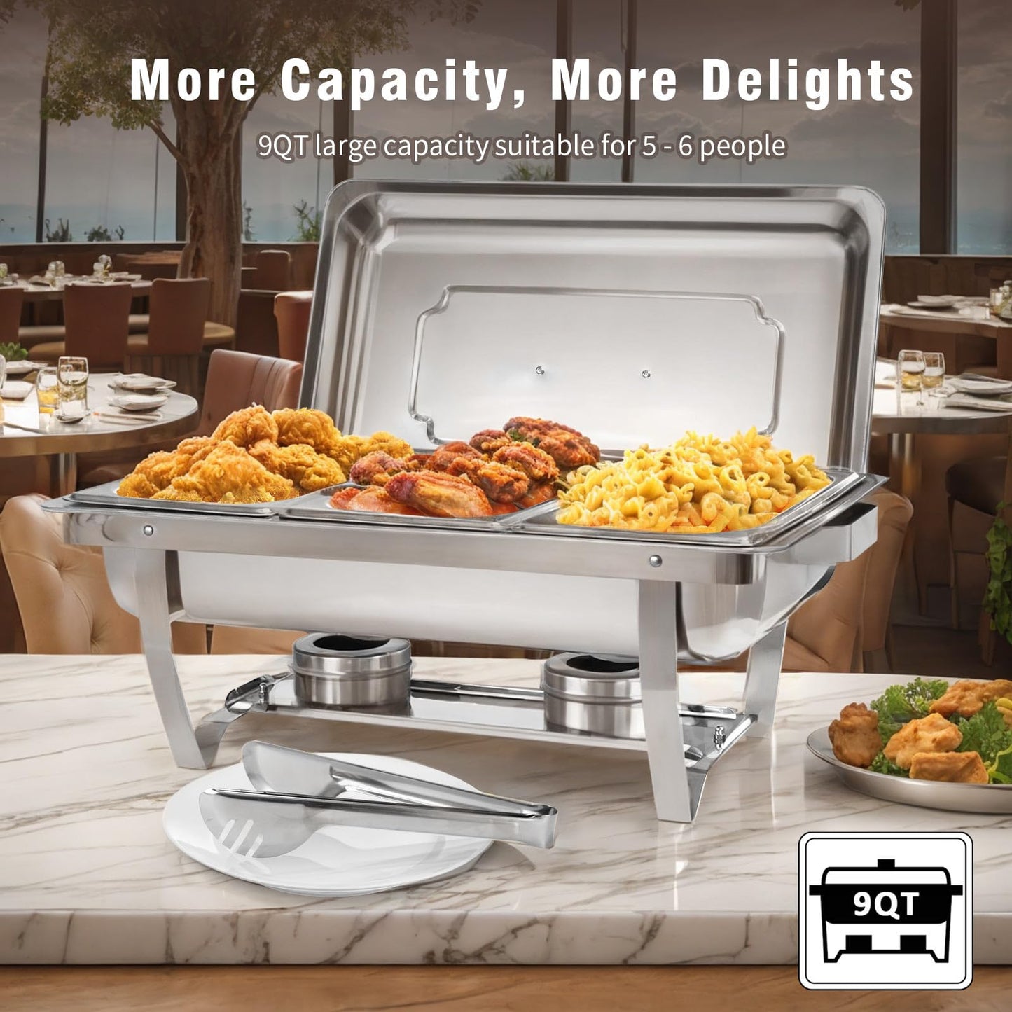 Stelora Chafing Dishes for Buffet, 9 Qt High Grade Chafing Dish Buffet Set, Rolled-Edge Design Food Warmers for Parties, Buffet, Wedding, Birthday, Camping 4 Pack 12 Pans (Silver)