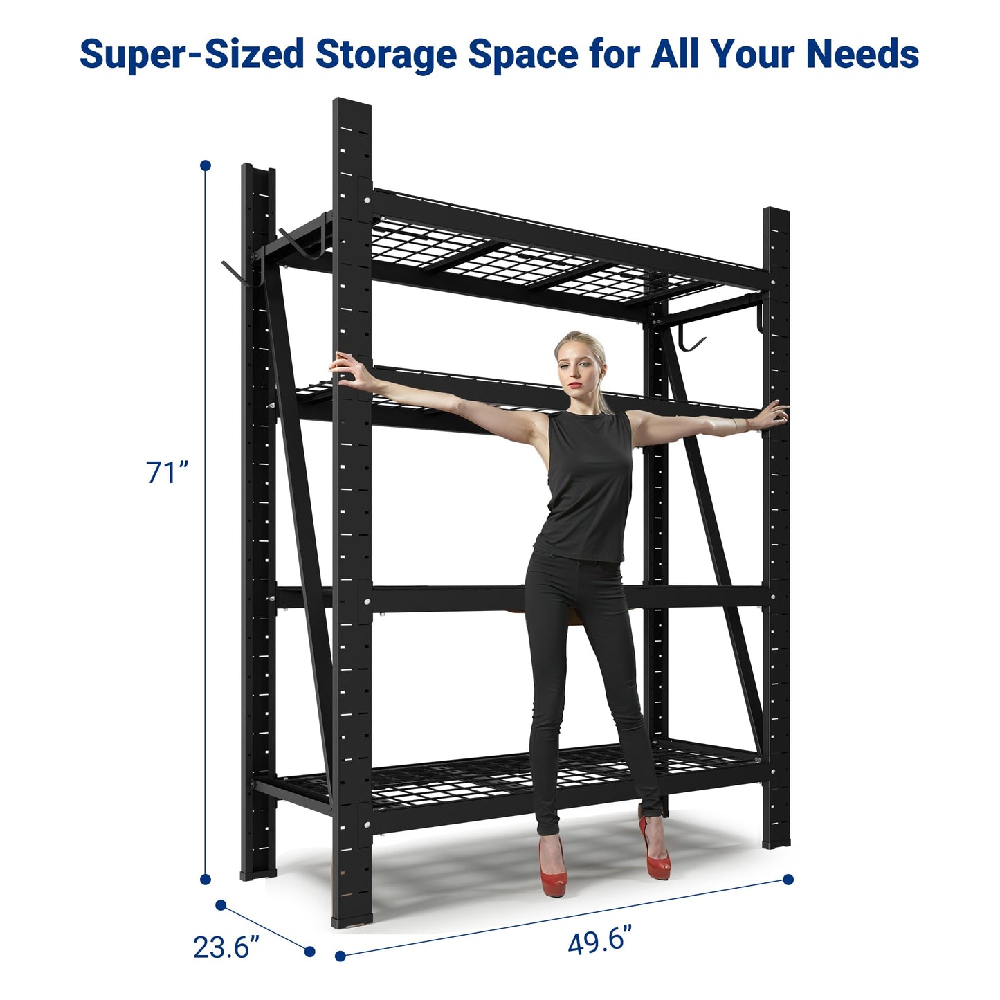 FLEXIMOUNTS Garage Shelving Heavy Duty, 49.6" W 4-Tier 10000LBS Industrial Shelving Unit with 4 Hooks, Adjustable Storage Shelves for Garage, Basement, Warehouse, 71" H x 49.6" W x 23.6" D