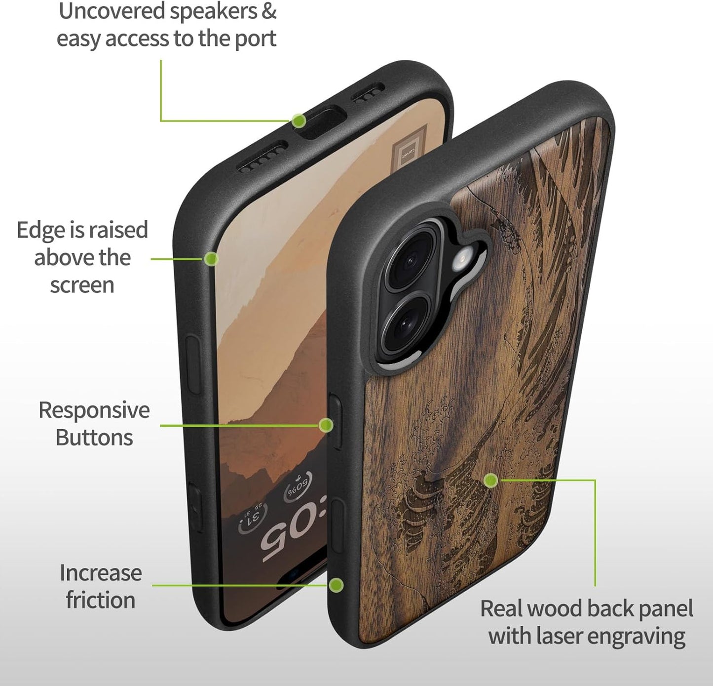 Carveit 16 Magnetic Wooden Case for iPhone Case, Wood Artisan Engraved & Black Soft TPU Shockproof Cover, Compatible