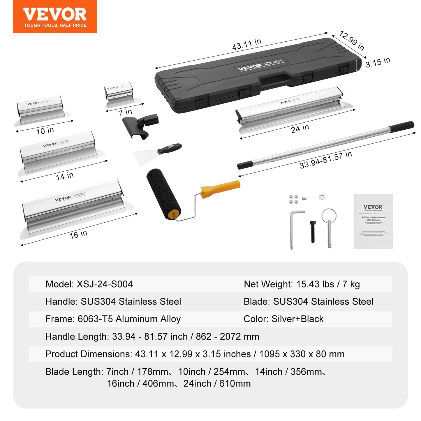 VEVOR Drywall Skimming Blade Set, 7/10/14/16/24 in Skimming Blades + 34-81.6 in Extension Handle Pole, Stainless Steel Knife Professional Skim Coat Tools, for Gyprock/WallBoard/Plasterboard