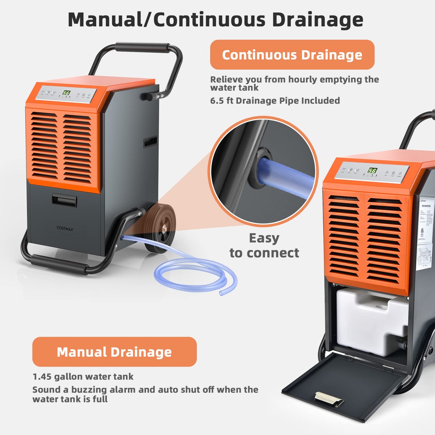 COSTWAY 163 Pints Commercial Dehumidifier, 4500 Sq.Ft Crawl Space Dehumidifier with Drain Hose, 24H Timer, for Basement, Warehouse, Job Site (Orange)