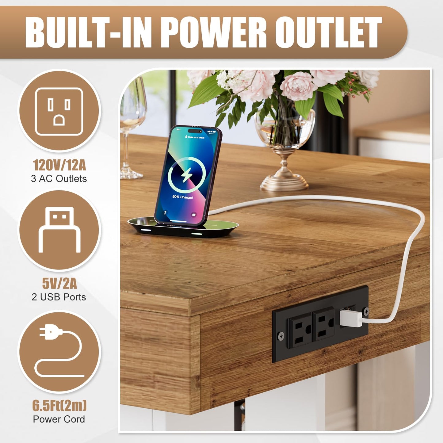 PAKASEPT 55" Kitchen Island with Storage, 3-Tier Farmhouse Wood Island Table with Power Outlets,Shelves for Kitchen, Dining Table for 4,Dining Room,Living Room,Home Bar,White