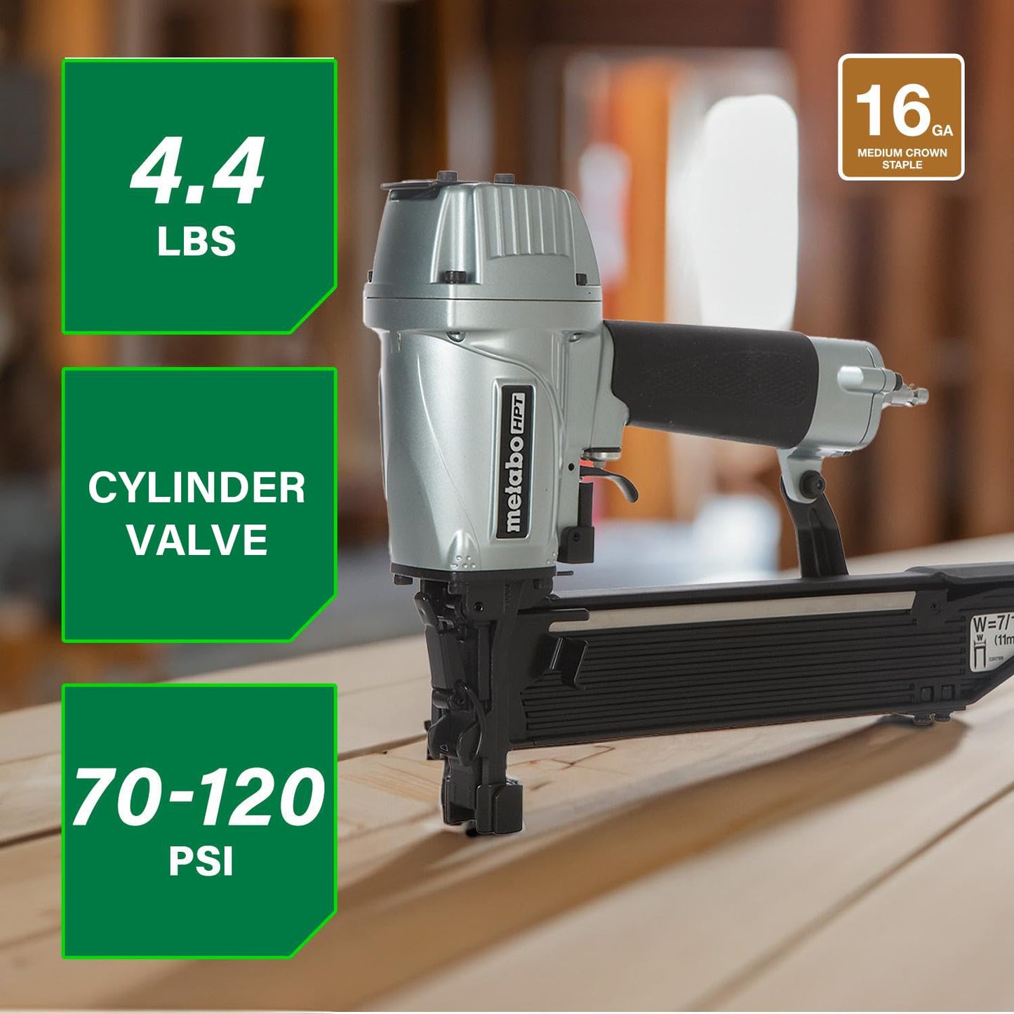 Metabo HPT 7/16" Standard Crown Stapler, Pro-Preferred Pneumatic Power Nailers, Construction Tool for Roof Decking & Subfloor Install, 16 Gauge Power Stapler, 1" to 2" Crown Staples, N5008AC2