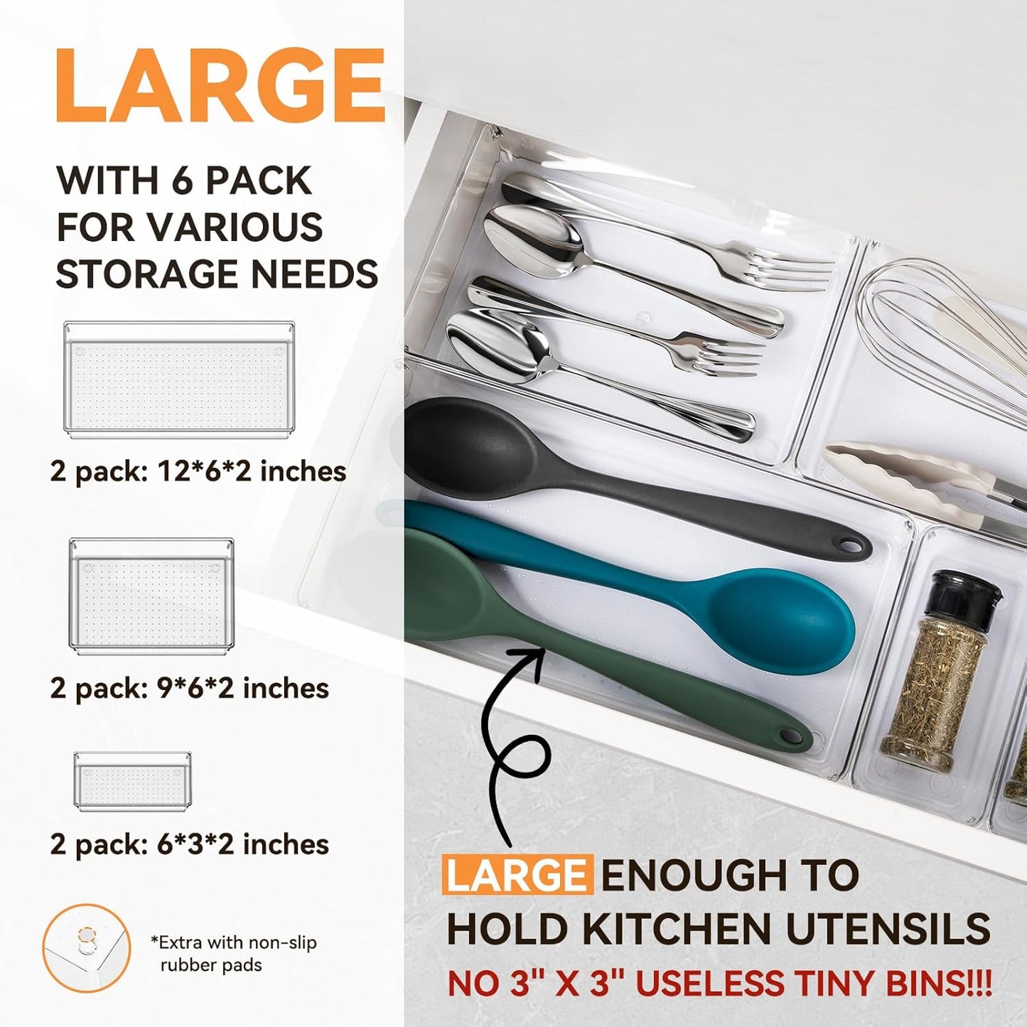 Skiennix 6-Pack Large Clear Plastic Drawer Organizer Trays - Non-Slip Storage Bins for Makeup, Kitchen Utensils & More