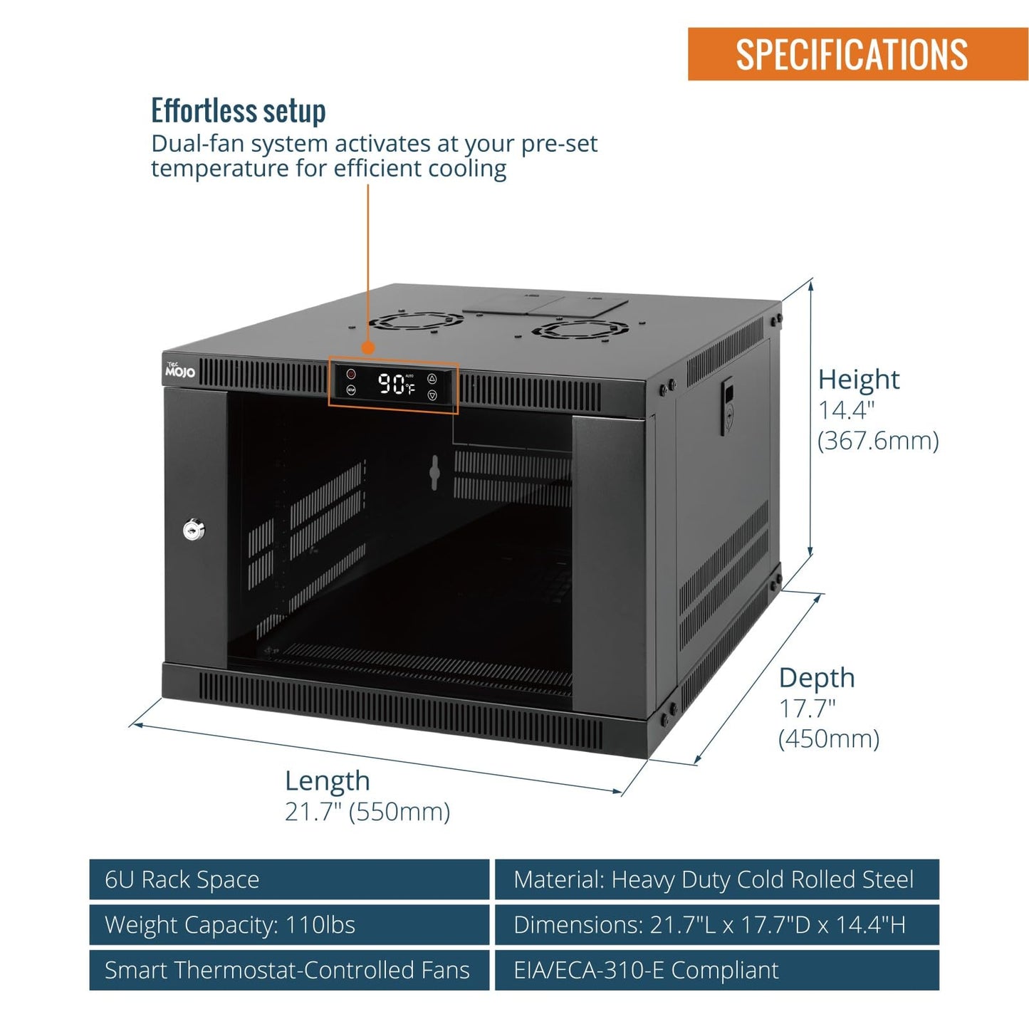 Tecmojo 6U Wall Mount Rack with Thermostat, 17.7inch Depth Enclosed Server Cabinet with 2 Cooling Fans,Lockable Door & Hardware,6U Rack for 19inch Equipments,Glass Door