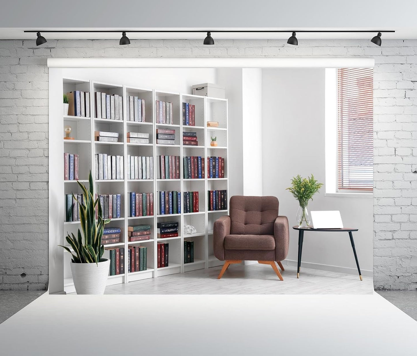 BELECO 7x5ft Fabric Living Room Backdrop Modern Room Interior with Armchair White Bookcase, Office Zoom Meeting