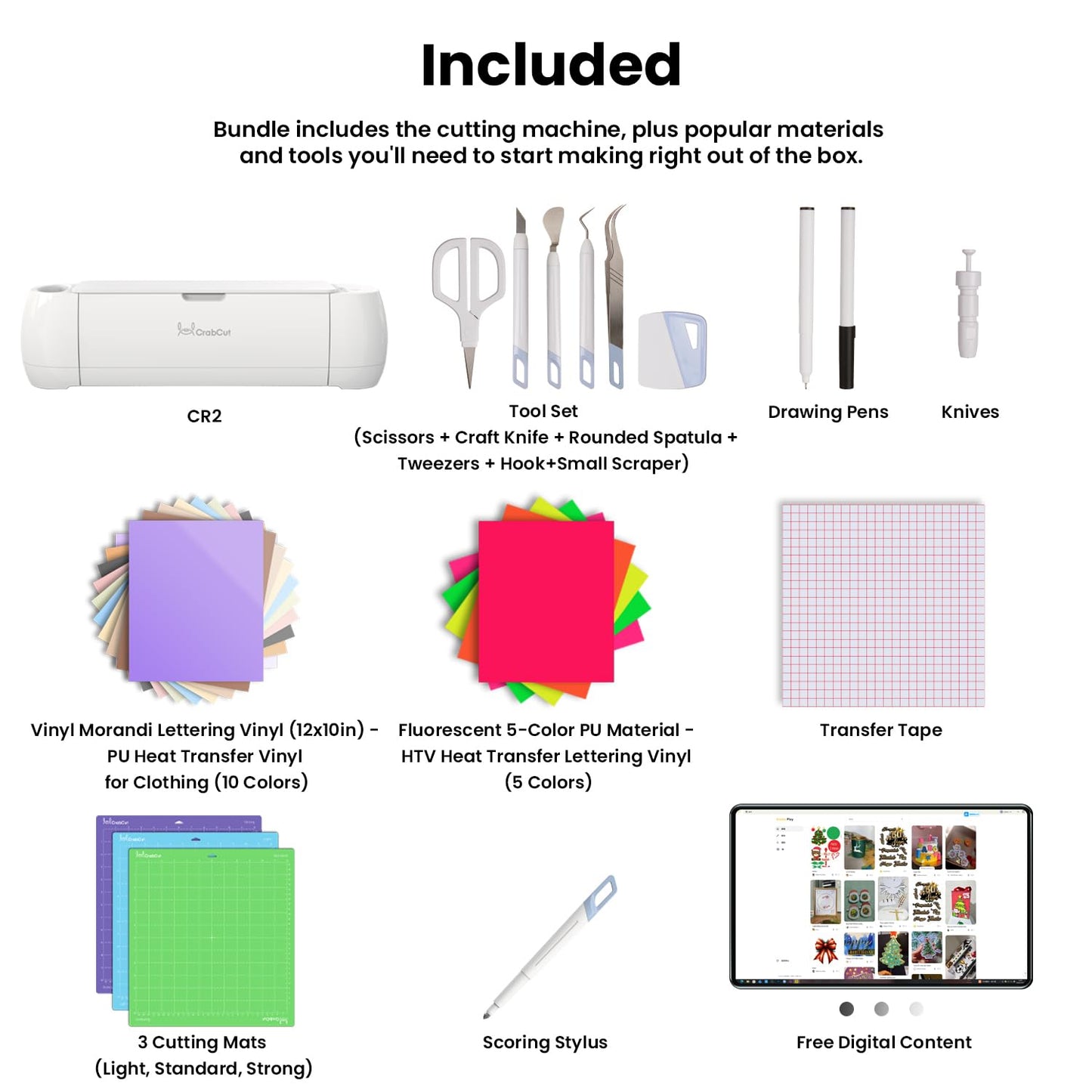 Crabcut CR2 13-Inch Smart Die Cutting Machine, Cuts 100+ Materials Vinyl Cardstock Paper, with Cutting & Pen Drawing Modes, Includes Mat, Transfer Tape, Iron-On HTV, Pens & Tool Kit