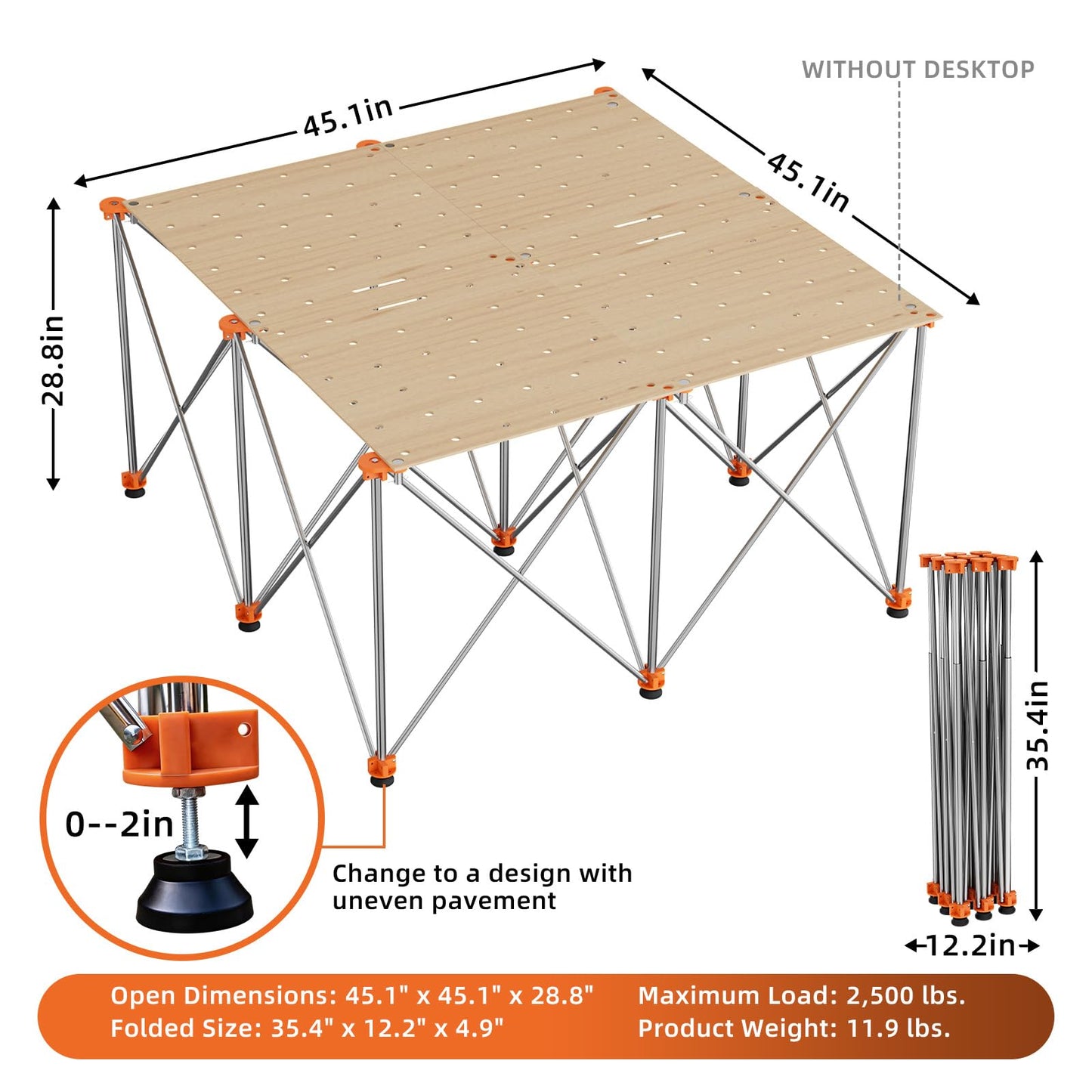Joinerjetly 30" Tall Portable Folding Workbench 4x4 FT, Stable 9-Leg Collapsible Work Stand with Adjustable Leveling Feet, Lightweight 3500 lbs Capacity Sawhorse Table for Woodworking & Jobsite