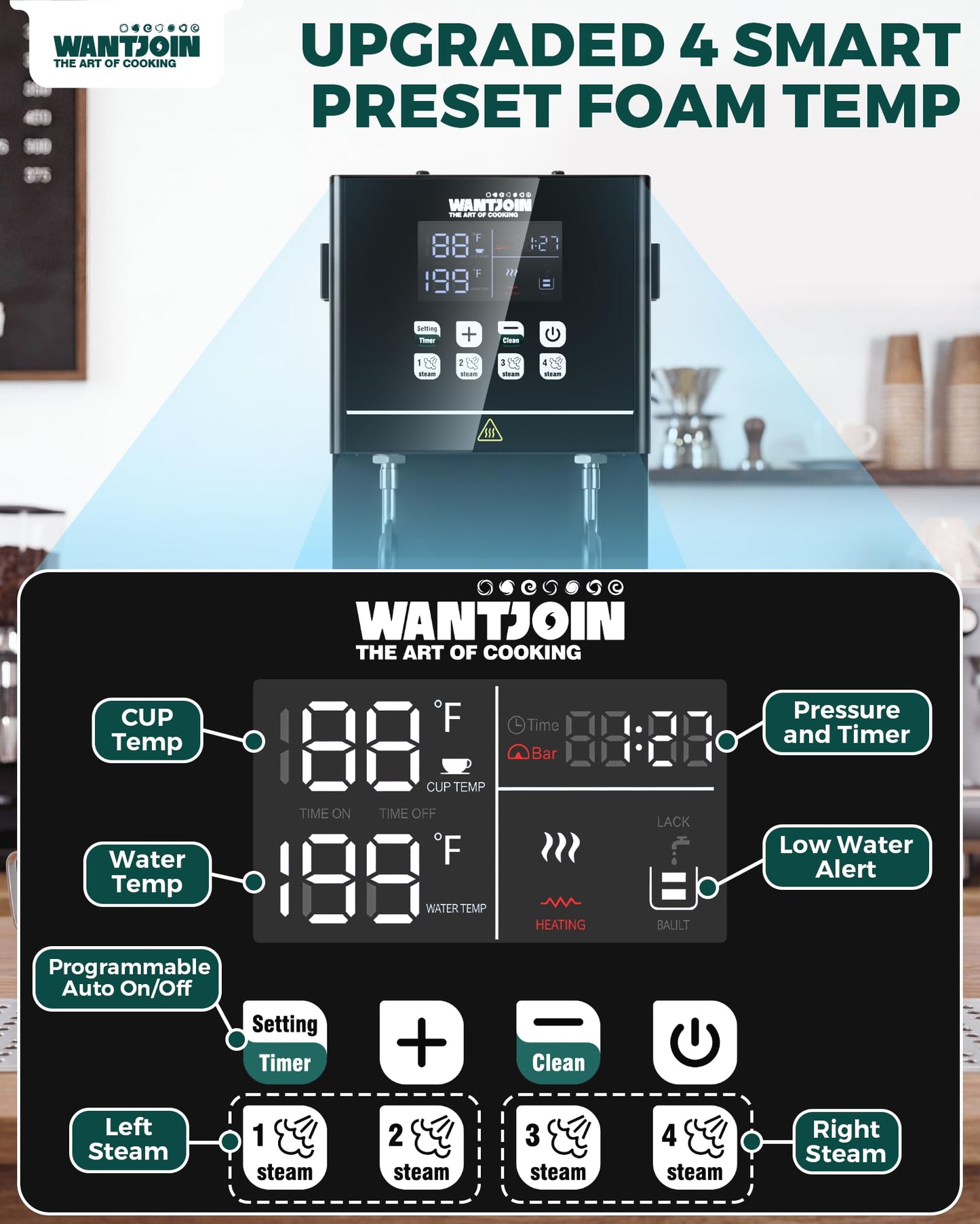 WantJoin Commercial Milk Frother & Beverage Heater - 2000W Multi-functional Milk Steamer Machine with LED Display Panel for Latte Cappuccino Coffee Milk Tea Foam & Hot Water Dispenser, Hotel Home Use