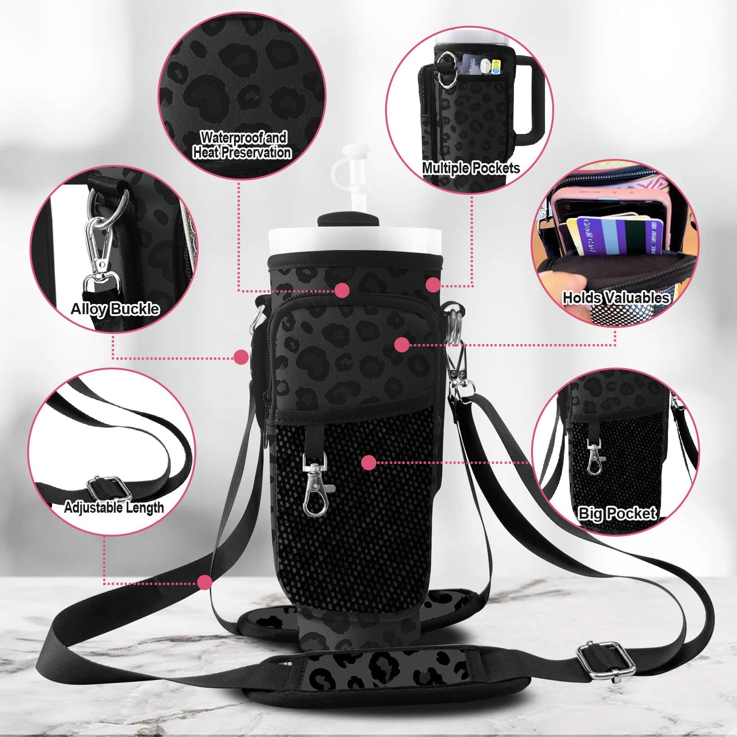 LAOTANGJIA Leopard Print Black Stanley Water Bottle Carrier Bag 40oz/30oz Tumbler with Phone with 2 Adjustable Strap 3 Pockets Bottle Stanley Cup Carrier Bag & Case Accessories for Hiking Travelling